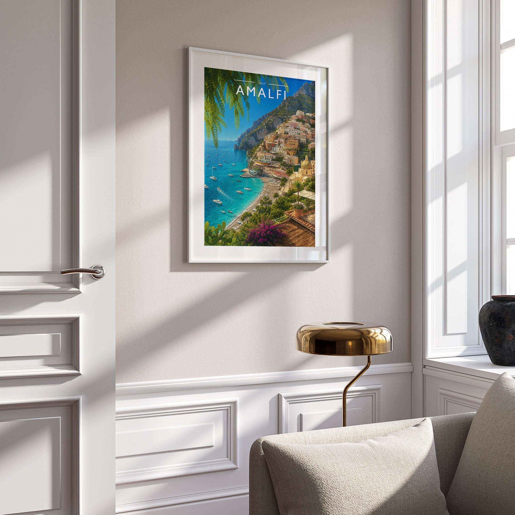Amalfi Travel Poster in a white frame on a panelled wall