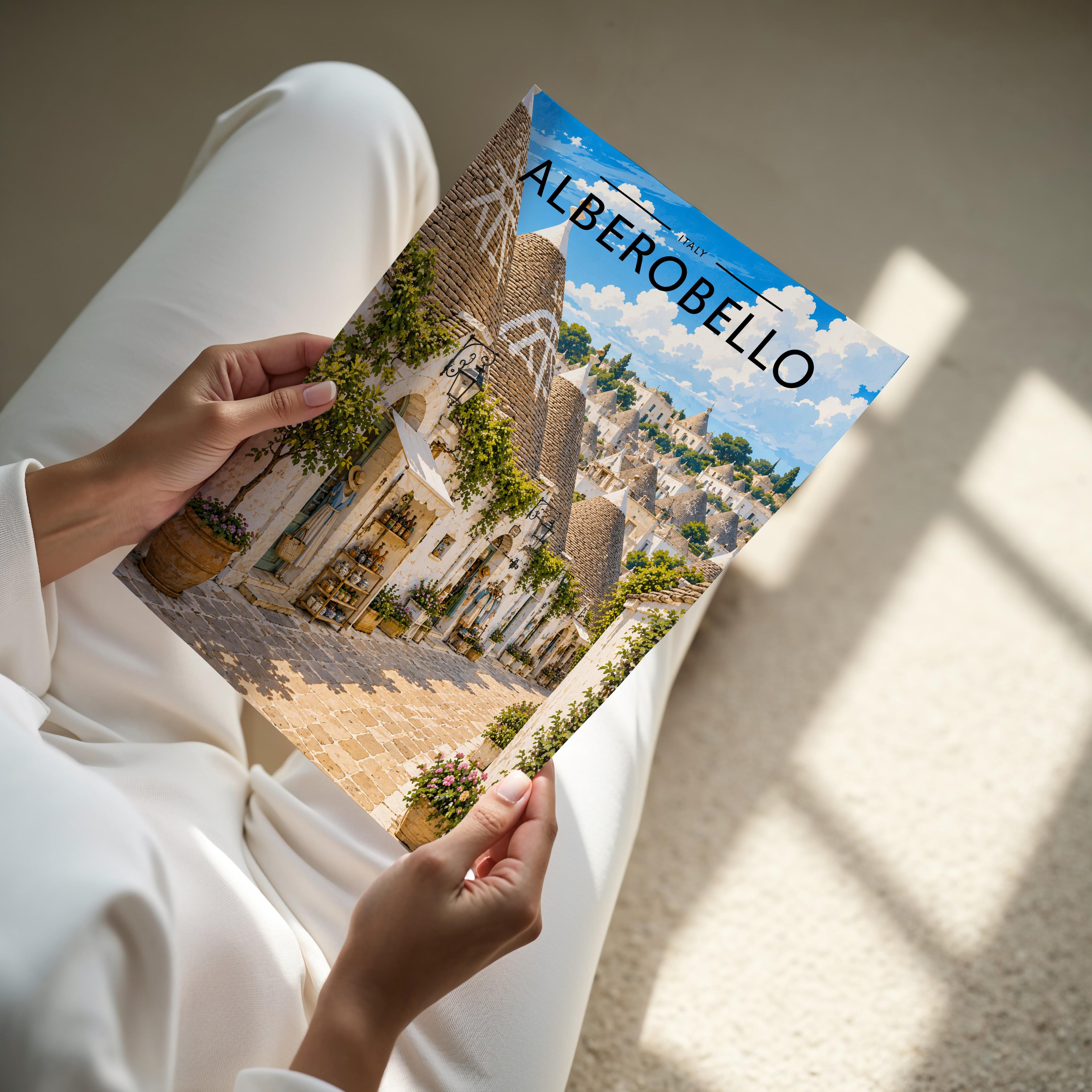 Alberobello Travel Poster - A4 print held in hand