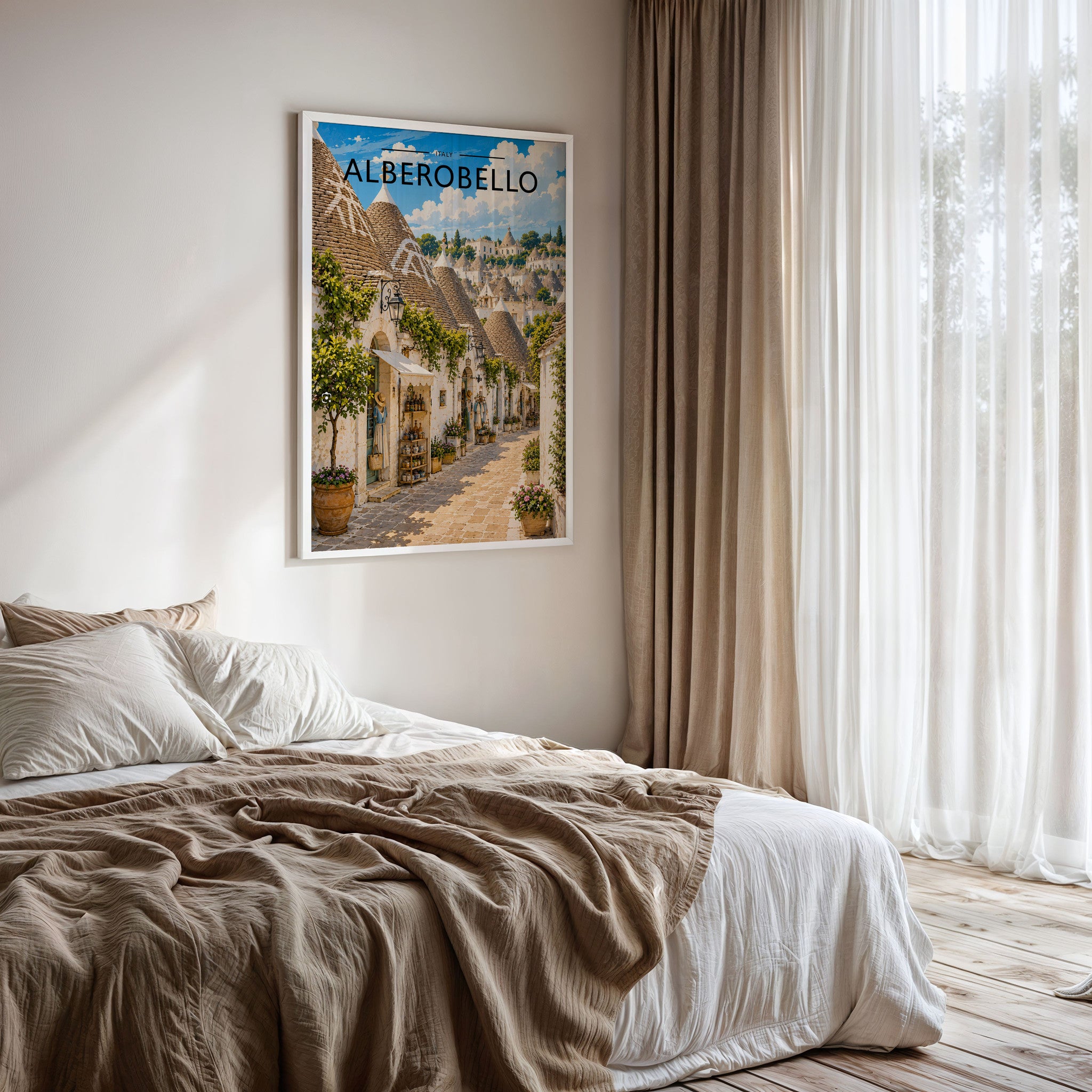 Alberobello Travel Poster framed on a bedroom wall