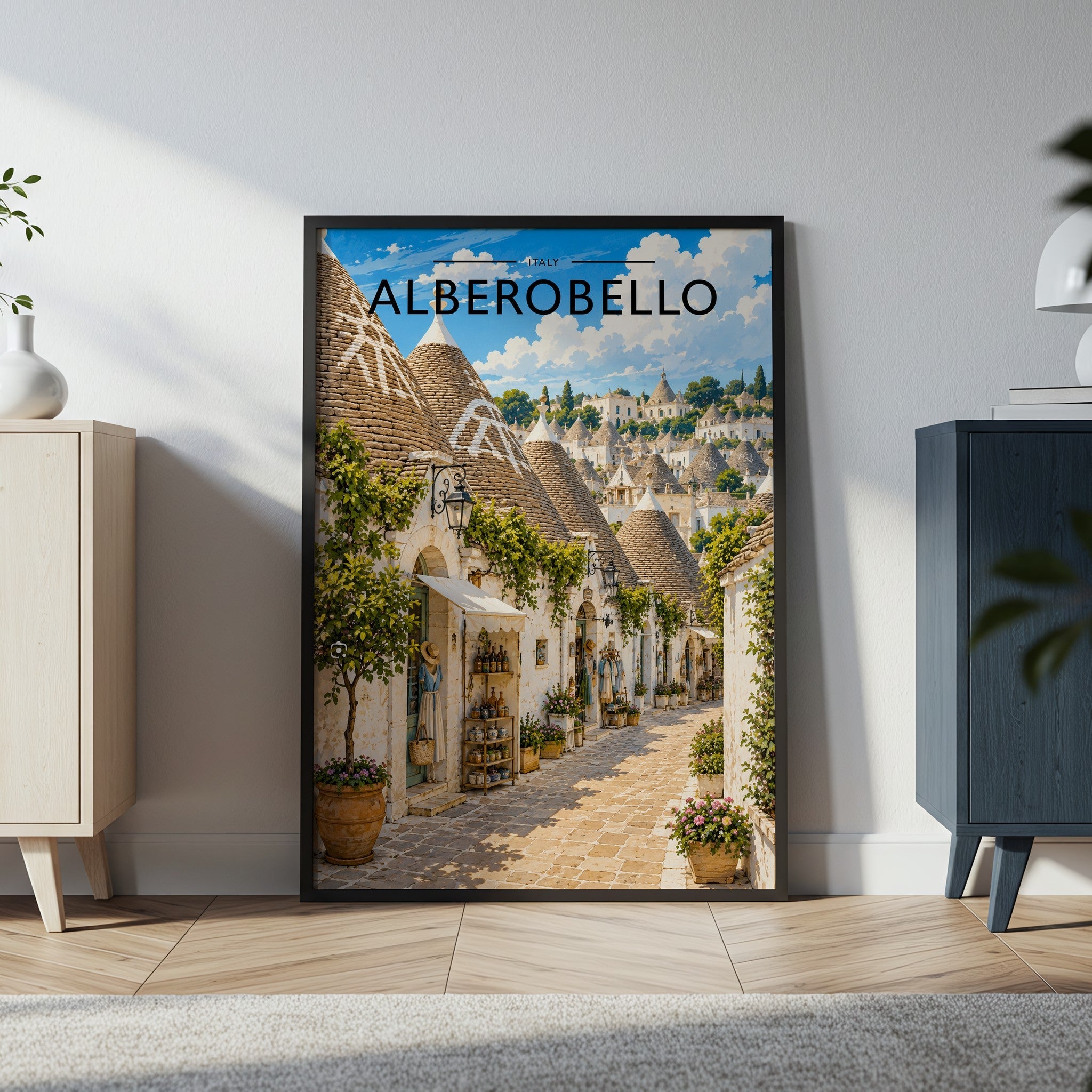 Alberobello Travel Poster in a black frame