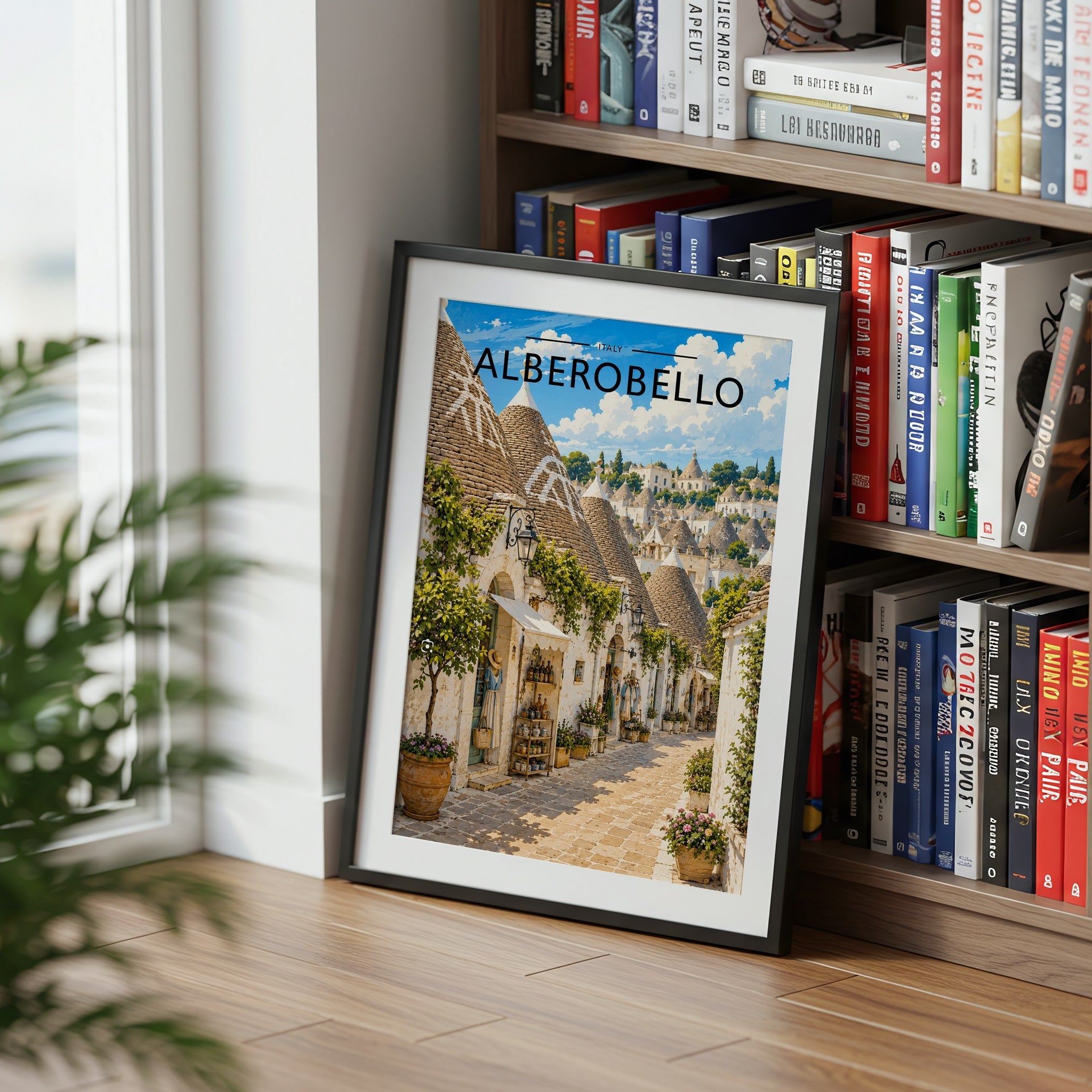 Alberobello Travel Poster mounted in a black frame