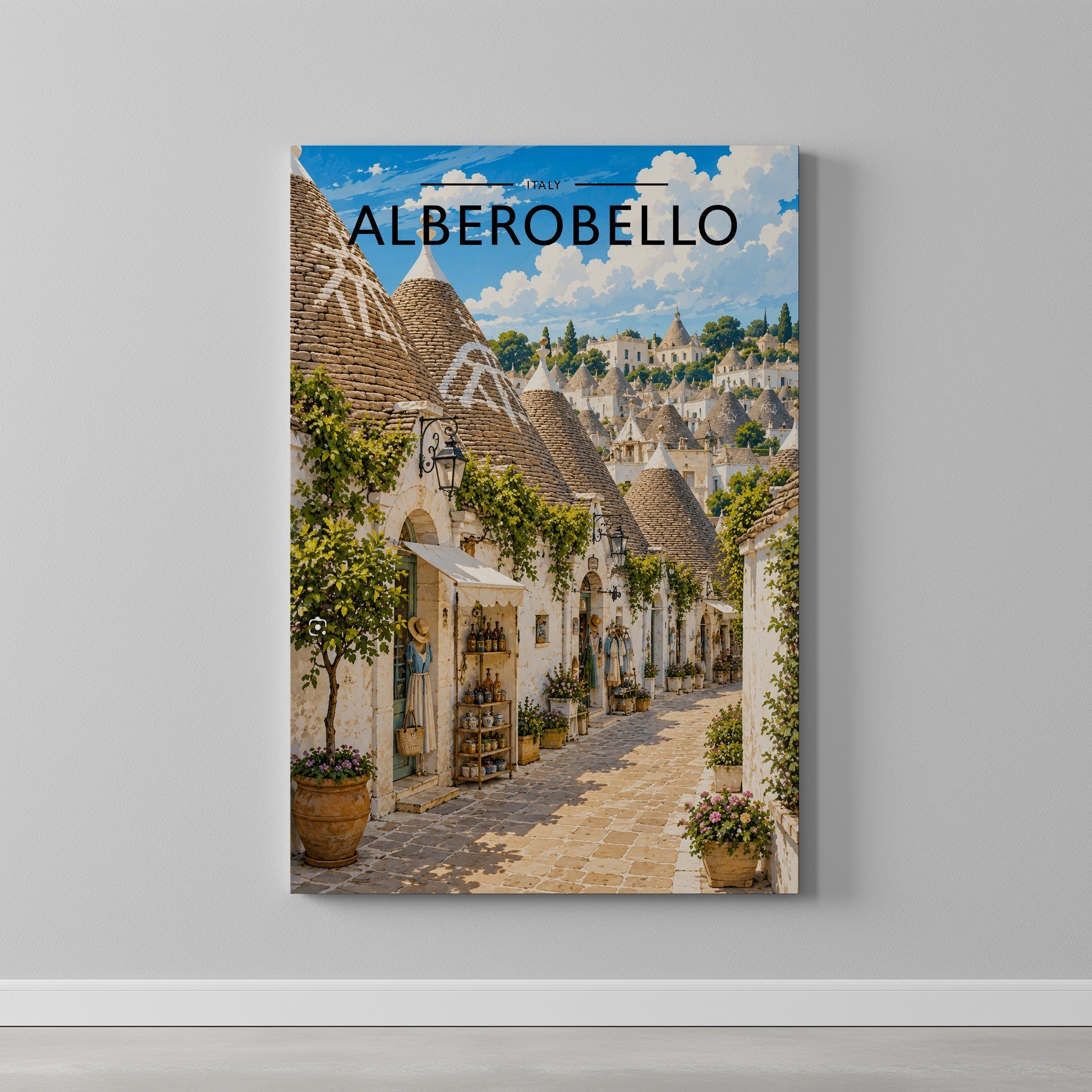 Alberobello Travel Poster as a gallery-wrapped canvas on a plain wall