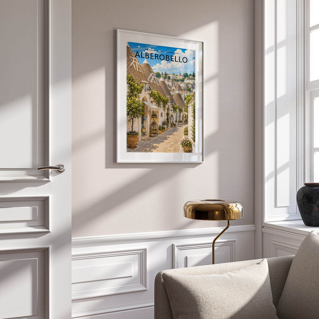 Alberobello Travel Poster in a white frame on a panelled wall