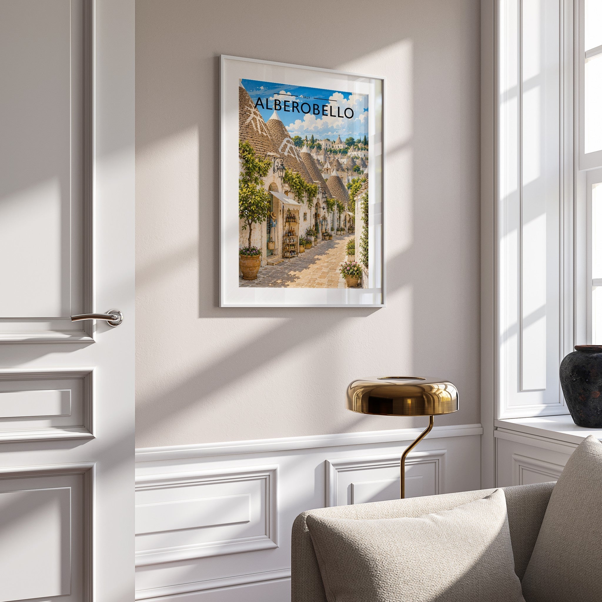 Alberobello Travel Poster mounted in a white frame