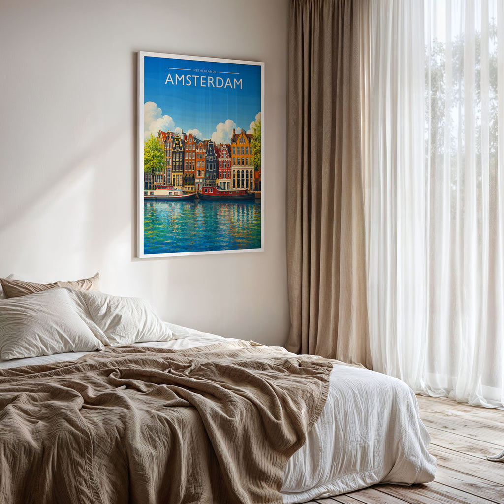 Amsterdam #5 Travel Poster framed on a bedroom wall