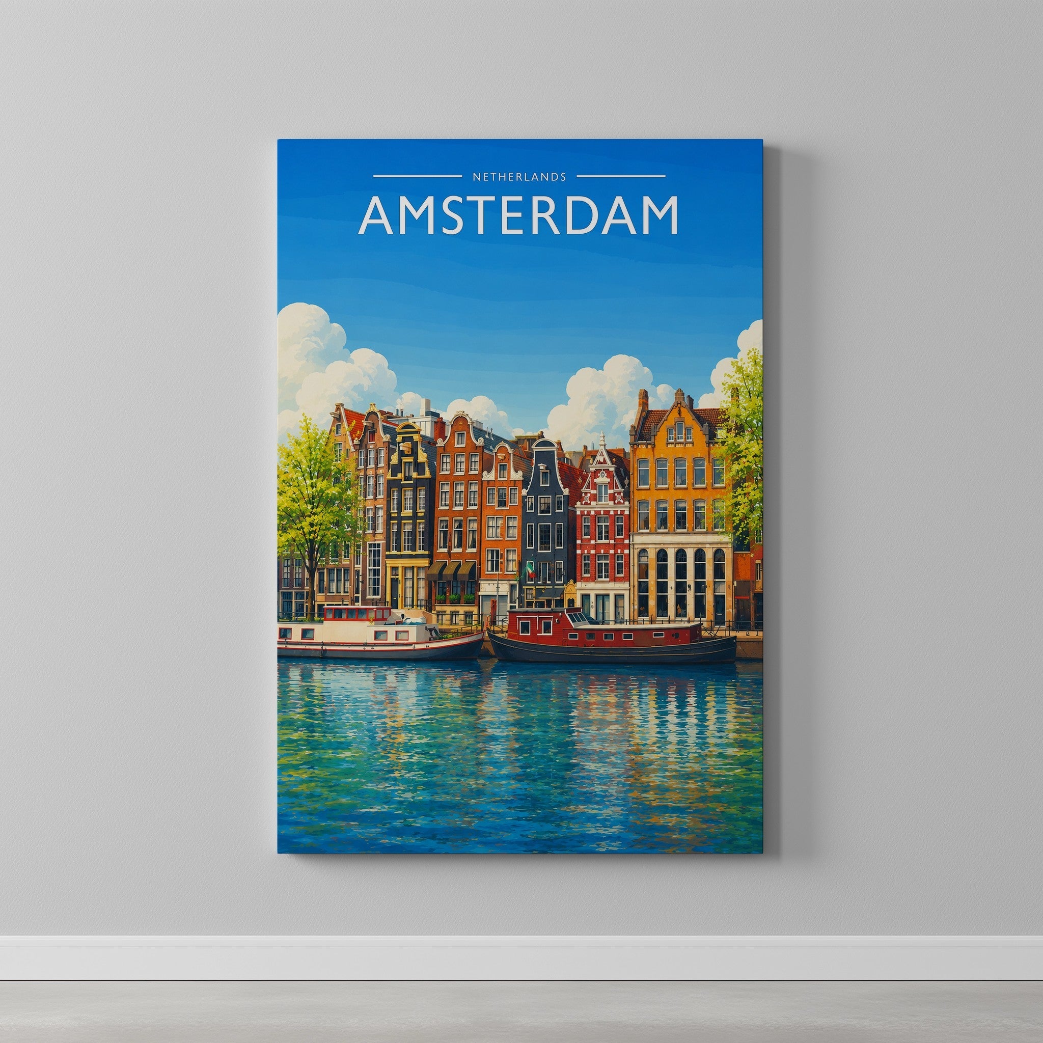 Amsterdam #5 Travel Poster as a gallery-wrapped canvas on a plain wall