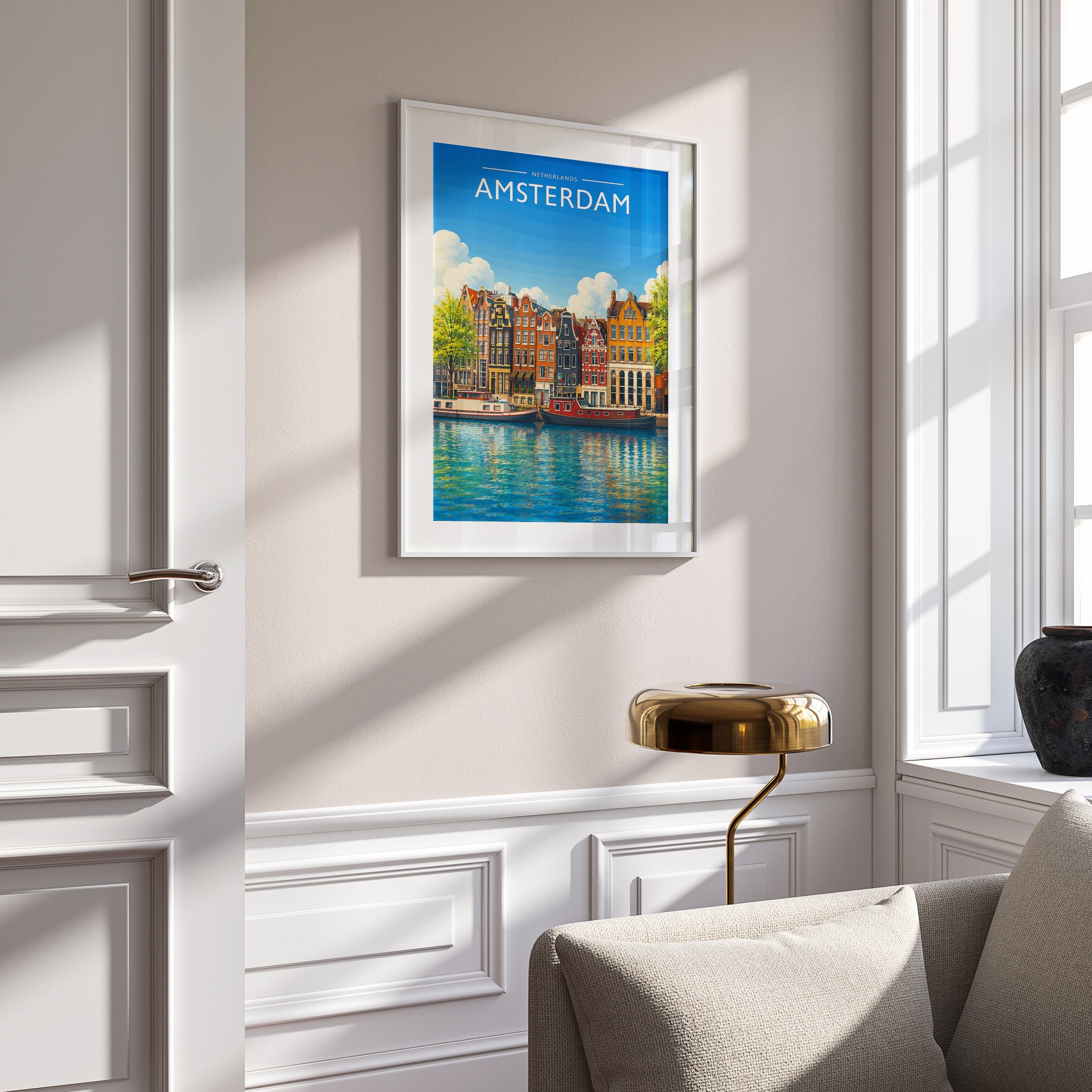 Amsterdam #5 Travel Poster in a white frame on a panelled wall