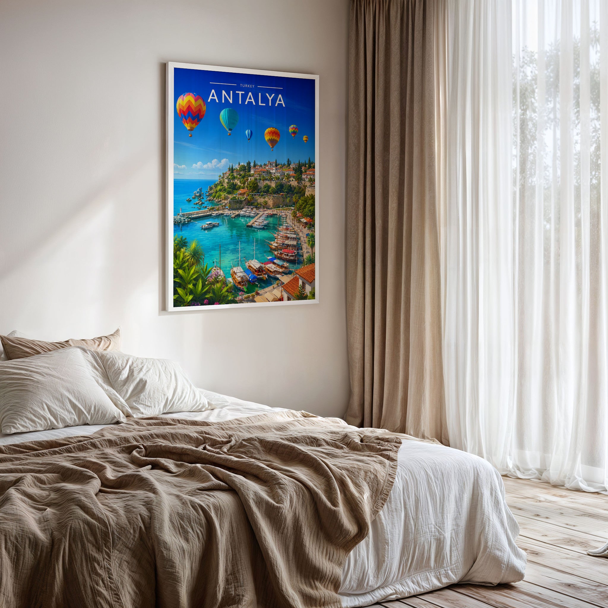 Antalya Travel Poster framed on a bedroom wall