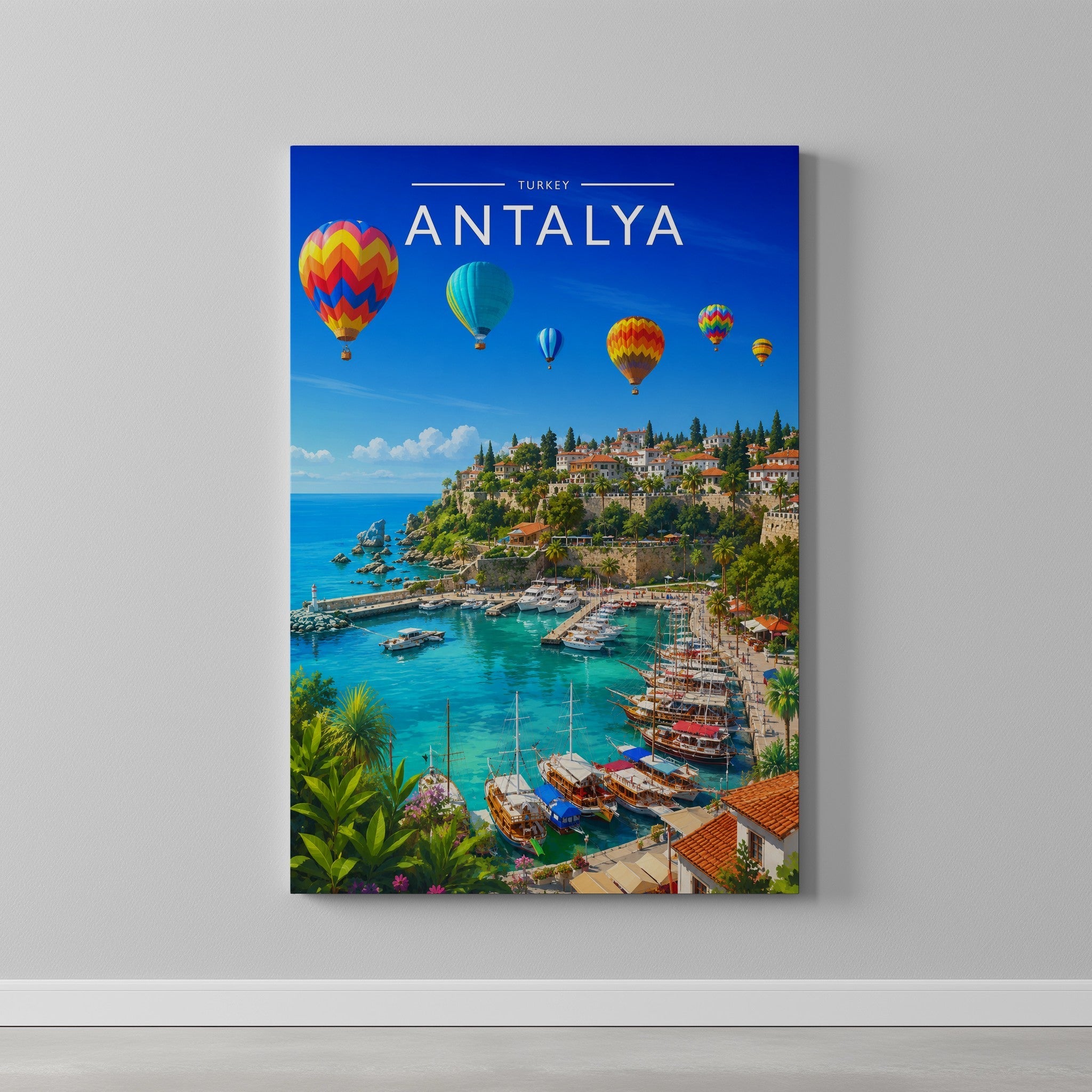 Antalya Travel Poster as a gallery-wrapped canvas on a plain wall