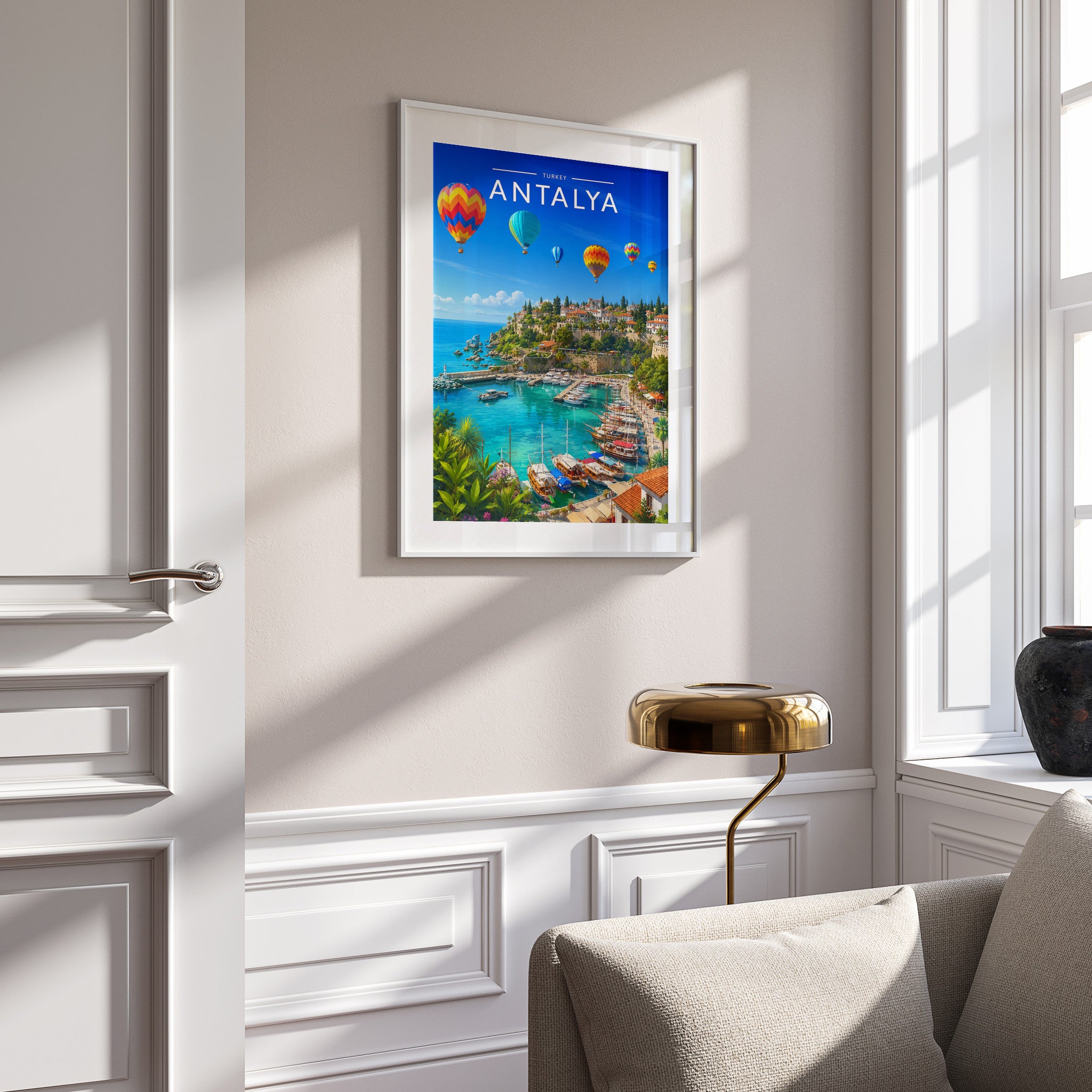 Antalya Travel Poster in a white frame on a panelled wall