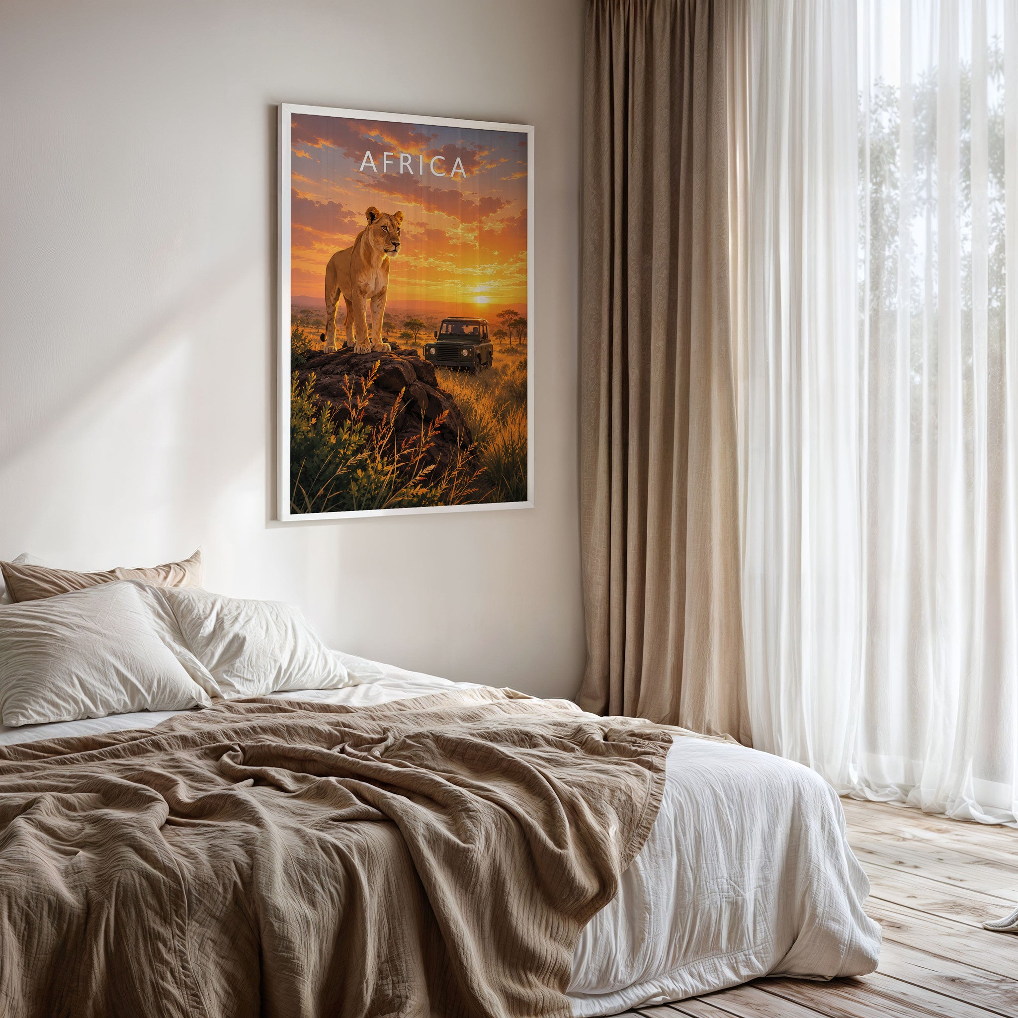 Africa Travel Poster framed on a bedroom wall