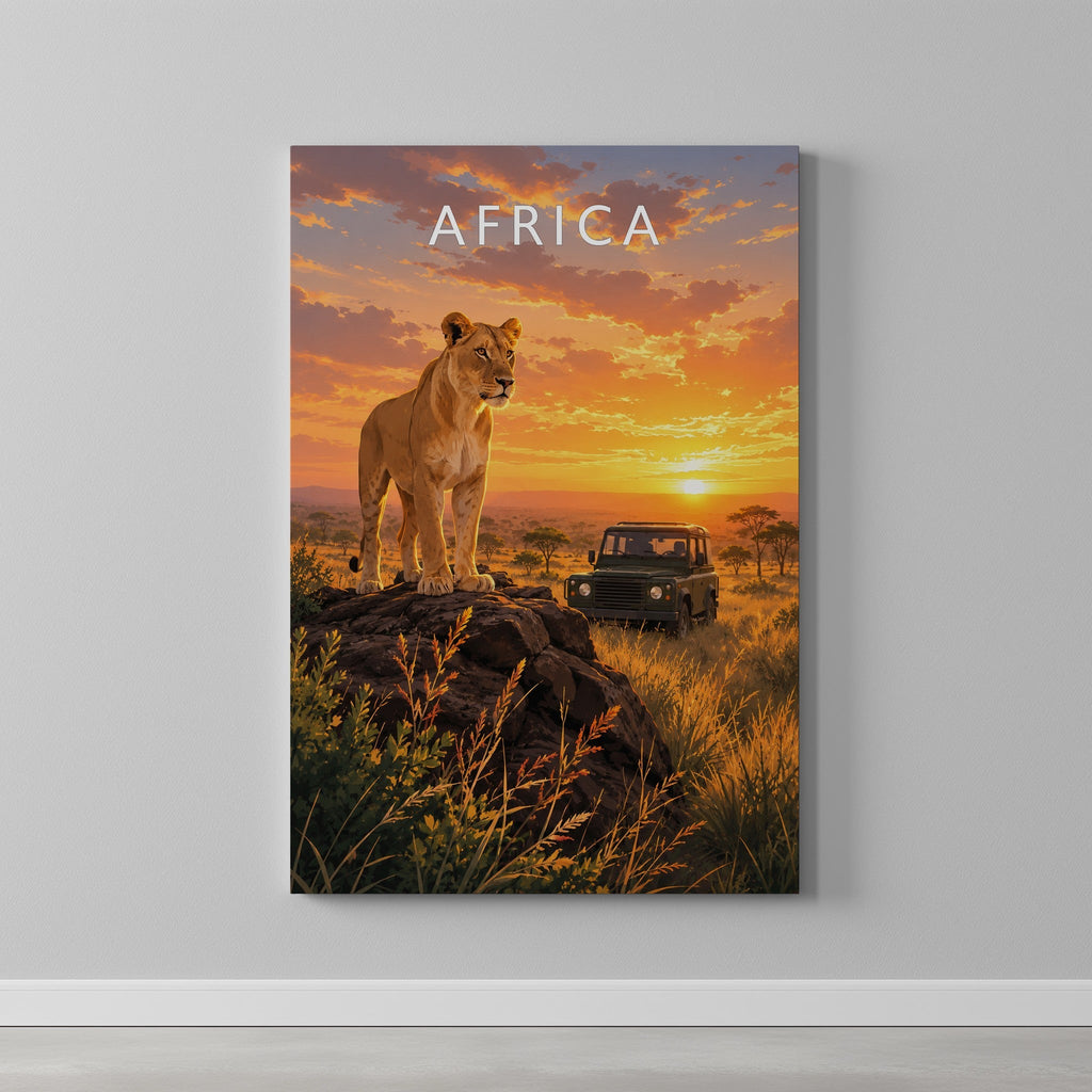 Africa Travel Poster as a gallery-wrapped canvas on a plain wall