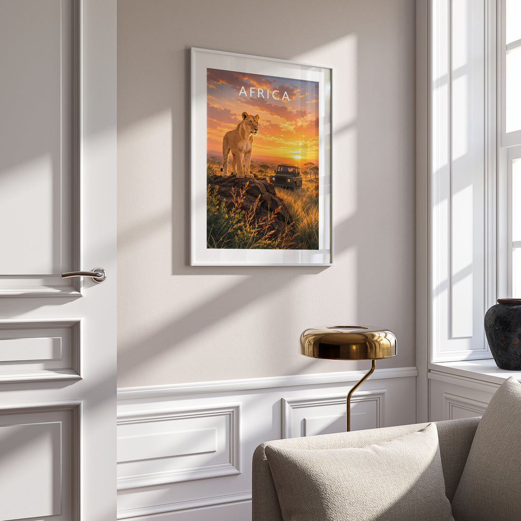 Africa Travel Poster in a white frame on a panelled wall