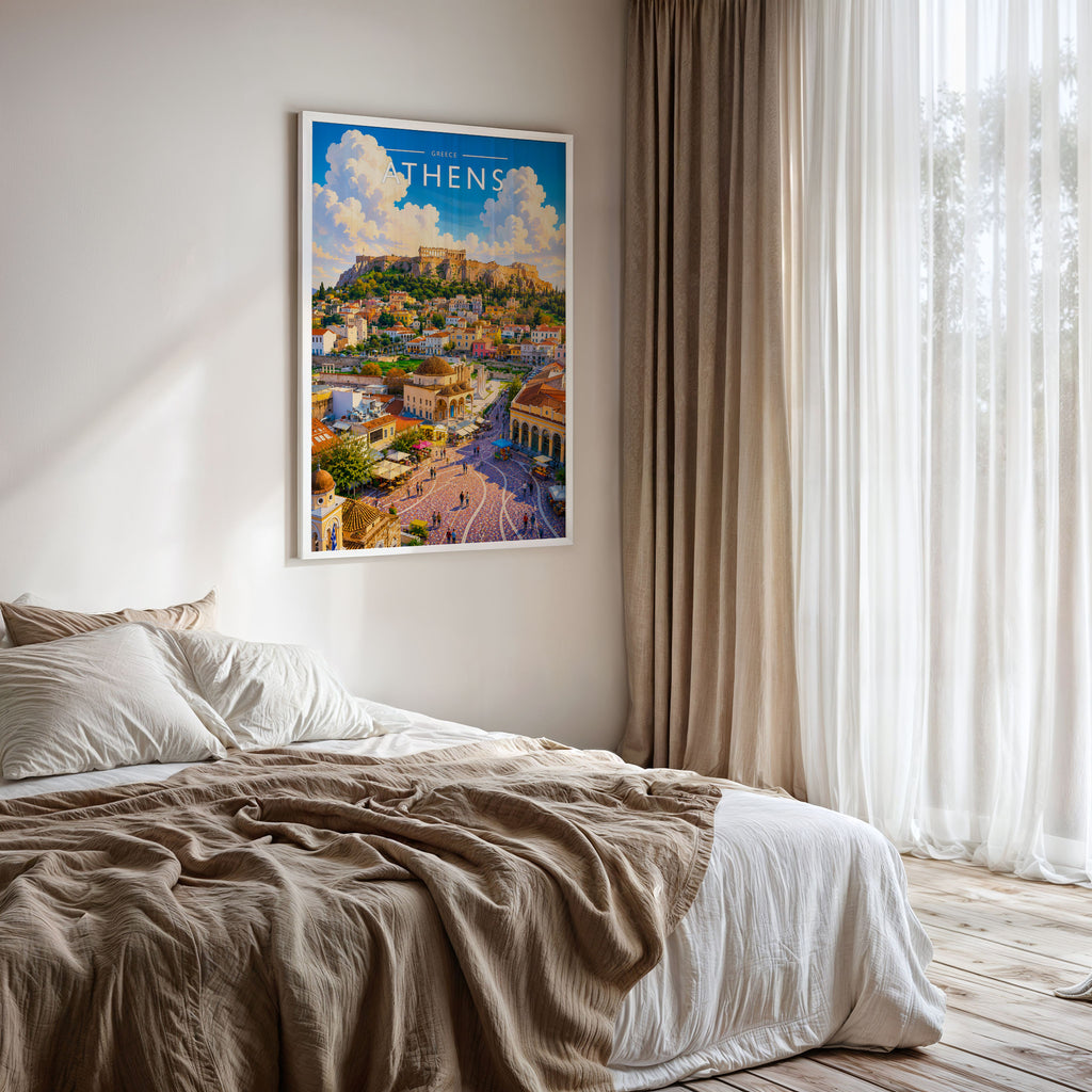 Athens #3 Travel Poster framed on a bedroom wall