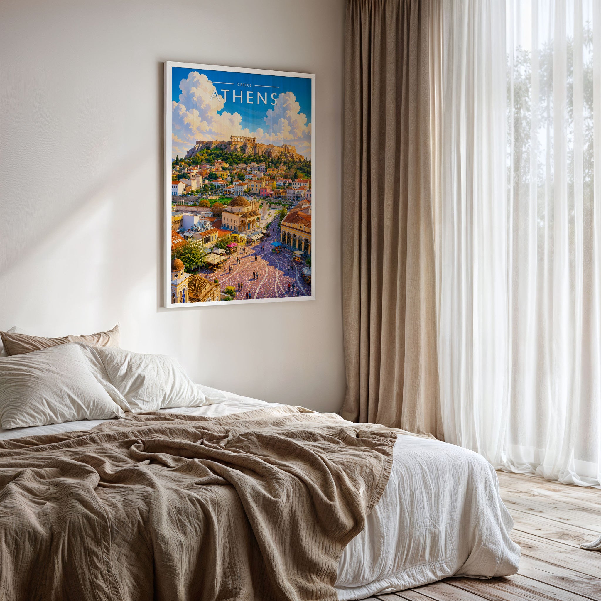 Athens #3 Travel Poster framed on a bedroom wall