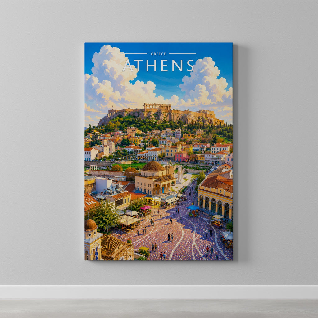 Athens #3 Travel Poster as a gallery-wrapped canvas on a plain wall