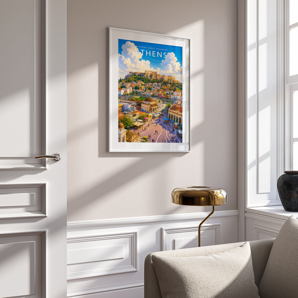Athens #3 Travel Poster in a white frame on a panelled wall