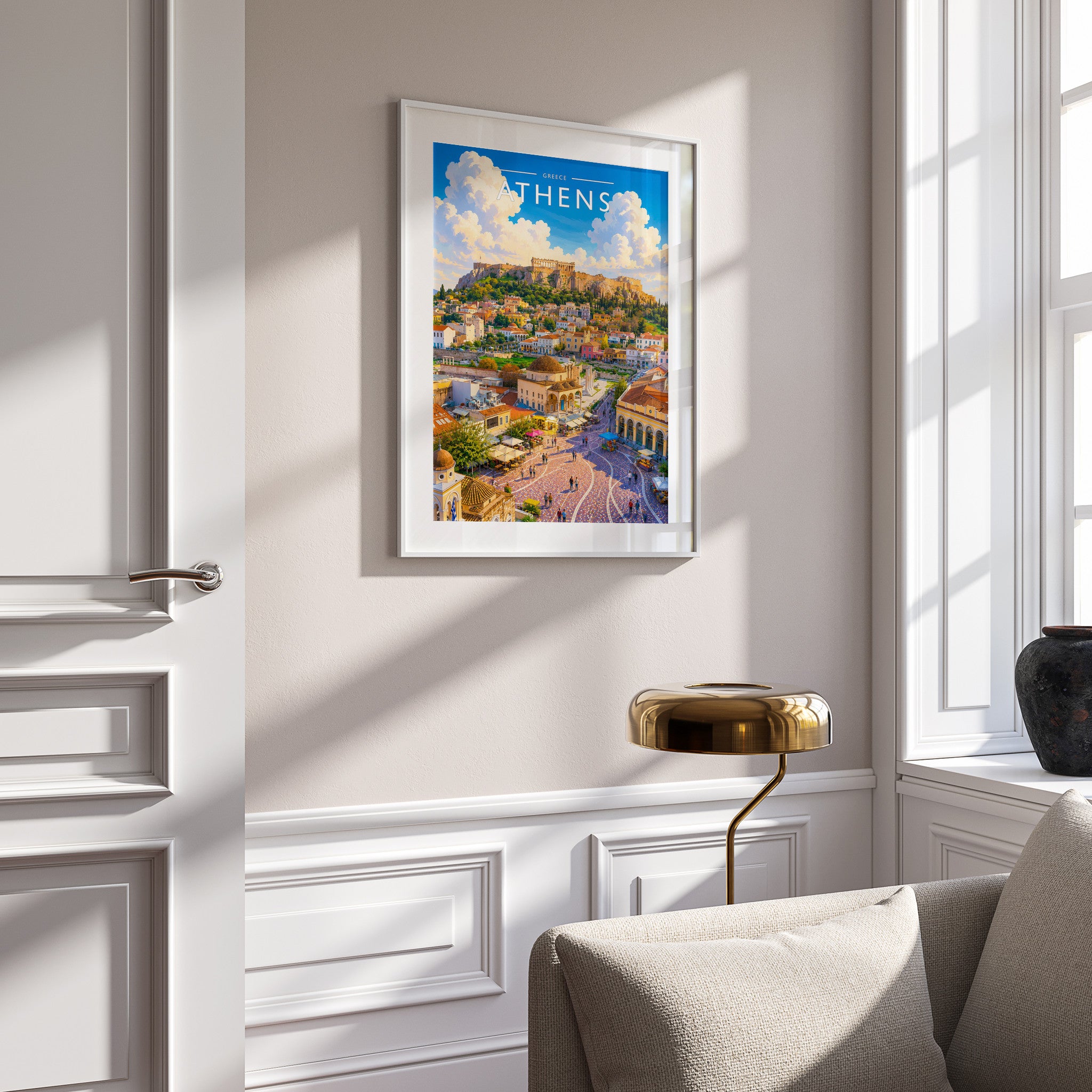 Athens #3 Travel Poster in a white frame on a panelled wall