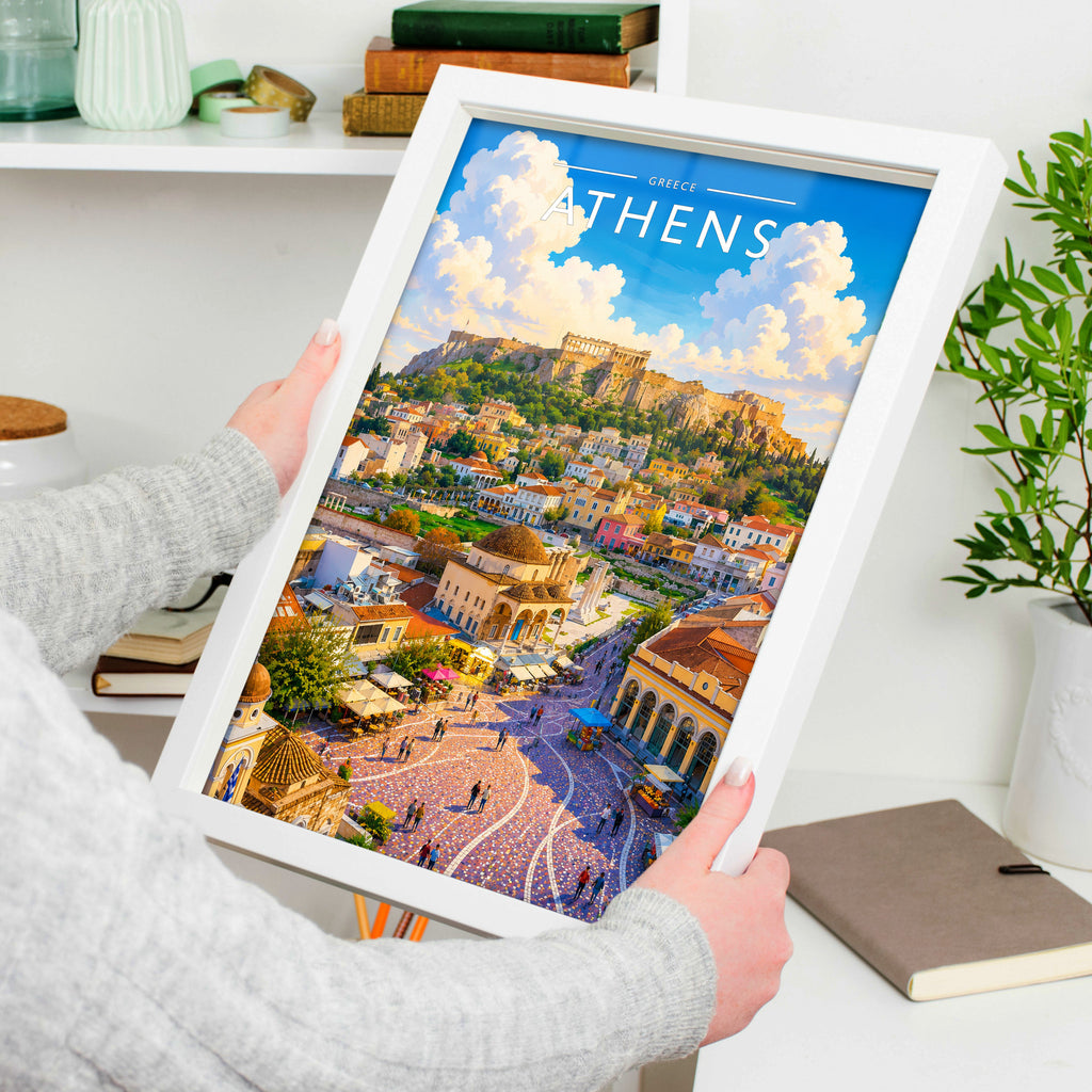 Athens #3 Travel Poster in a white frame, held to show scale