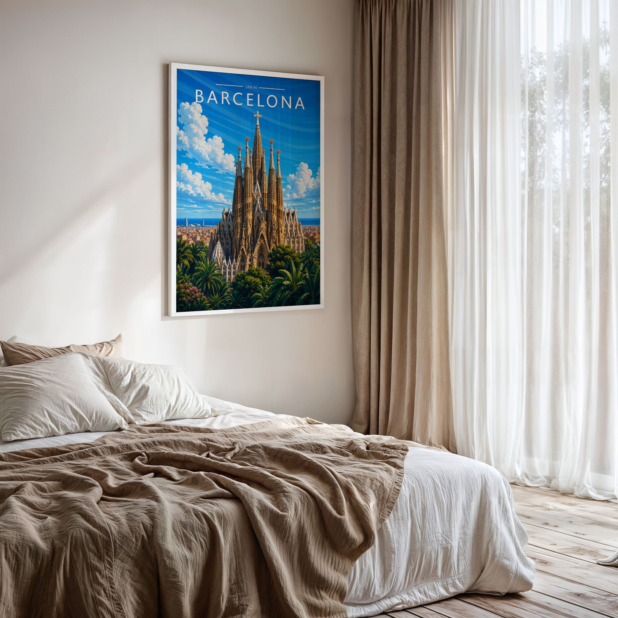 Barcelona #3 Travel Poster framed on a bedroom wall