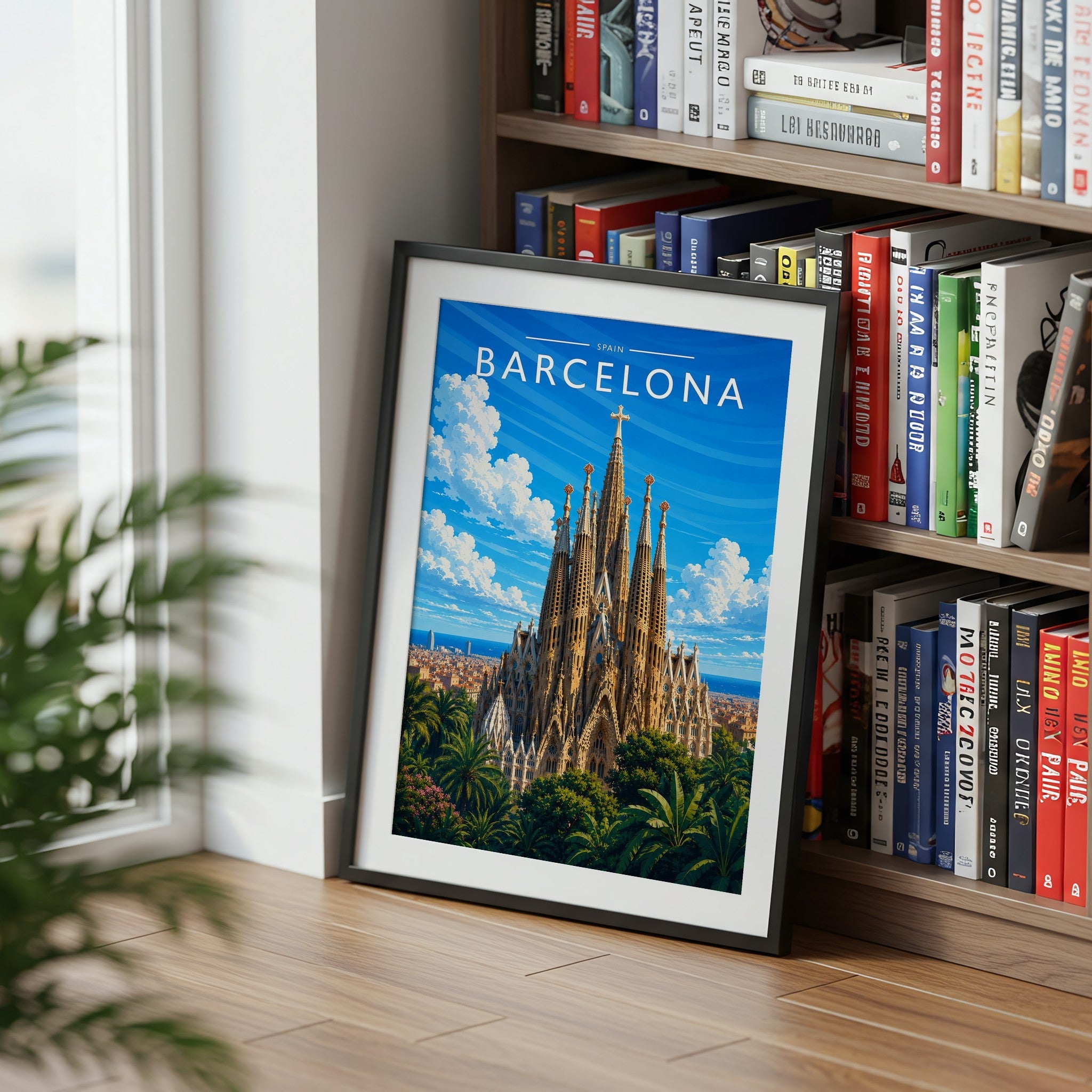 Barcelona #3 Travel Poster mounted in a black frame