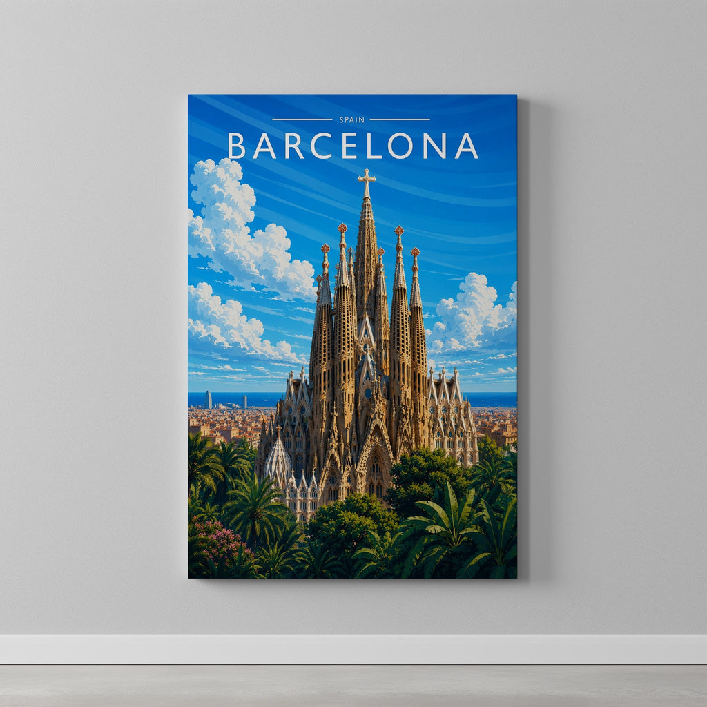 Barcelona #3 Travel Poster as a gallery-wrapped canvas on a plain wall