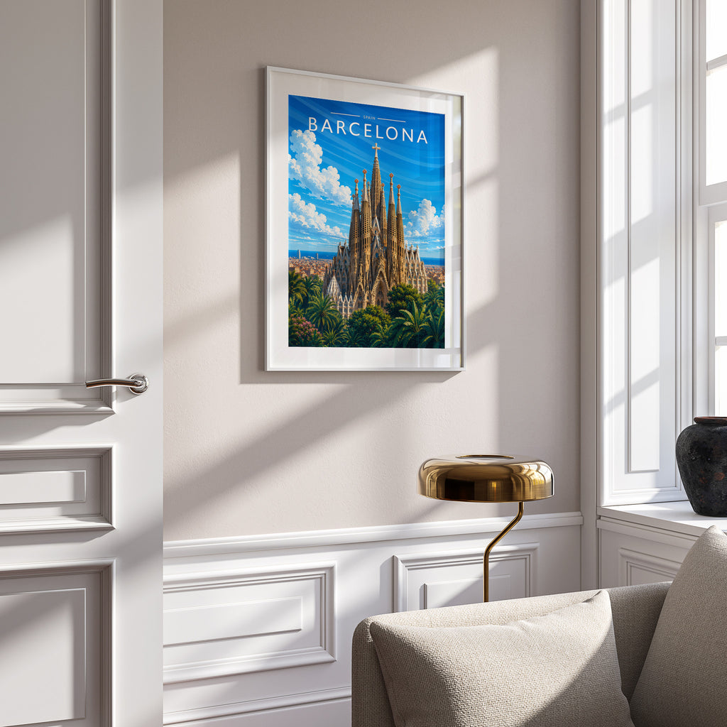 Barcelona #3 Travel Poster in a white frame on a panelled wall