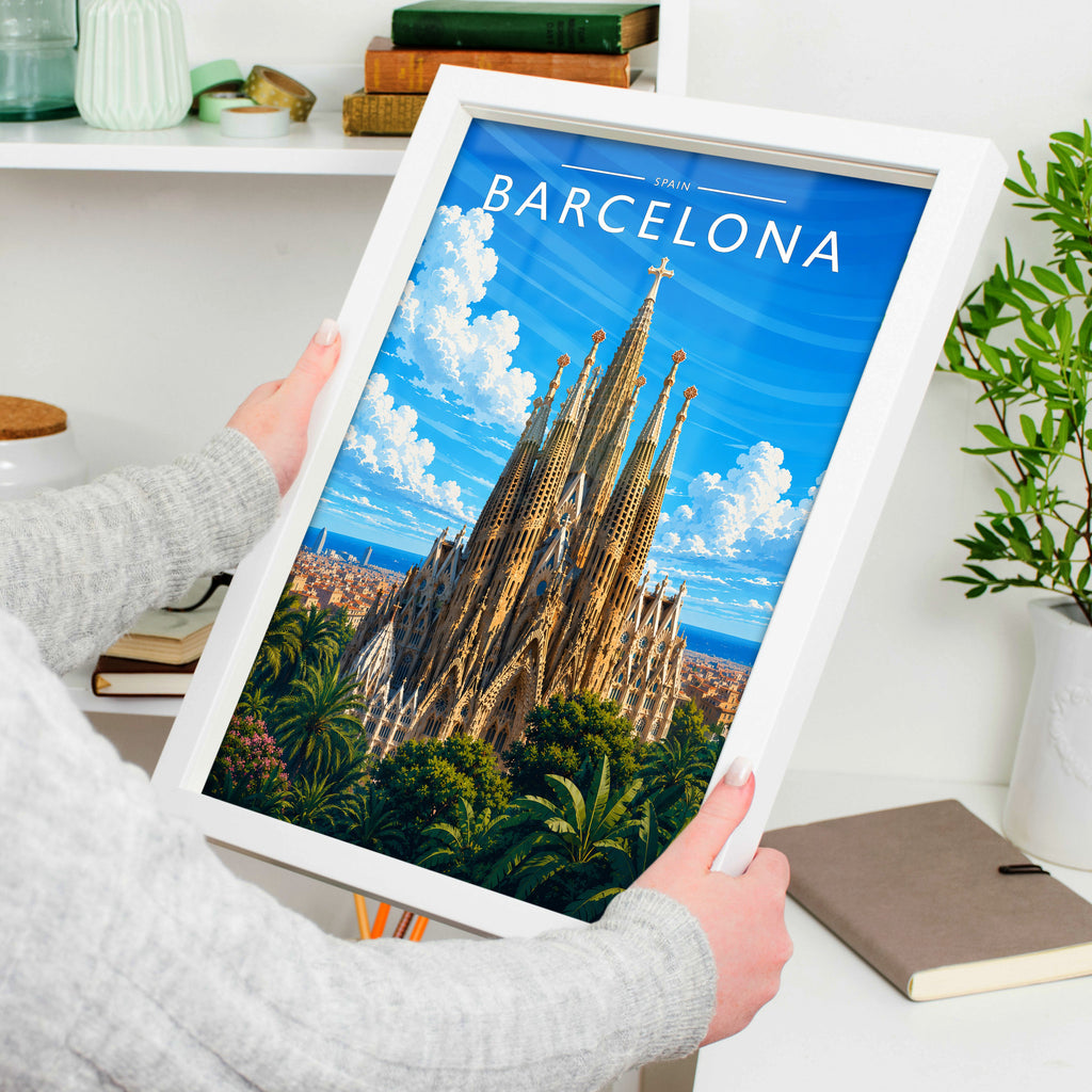Barcelona #3 Travel Poster in a white frame, held to show scale