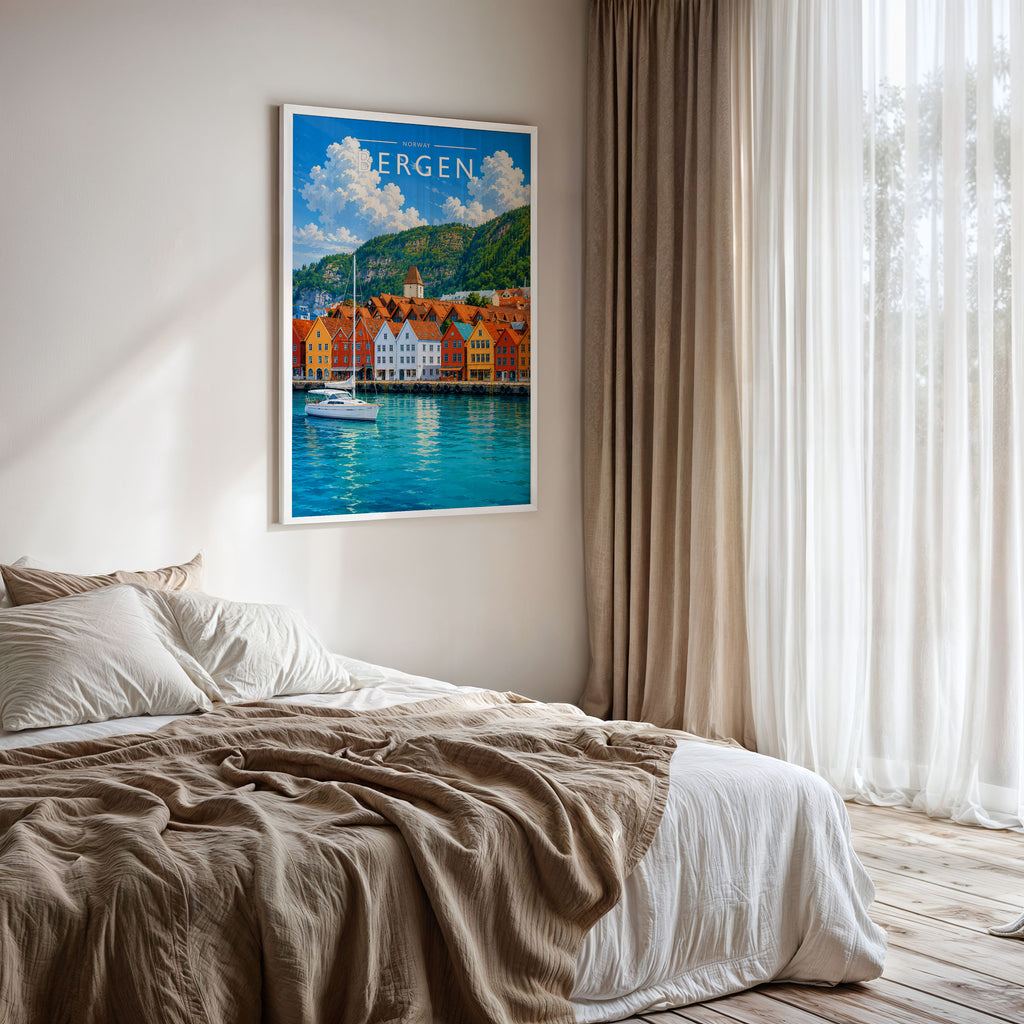 Bergen Travel Poster framed on a bedroom wall