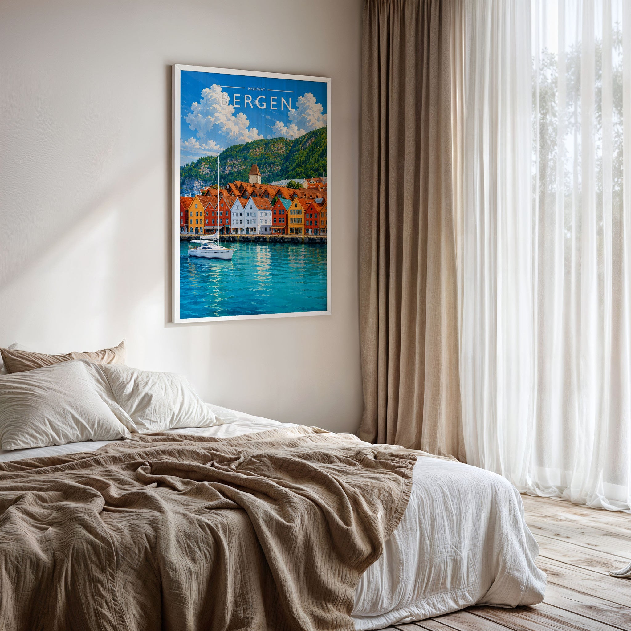 Bergen Travel Poster framed on a bedroom wall