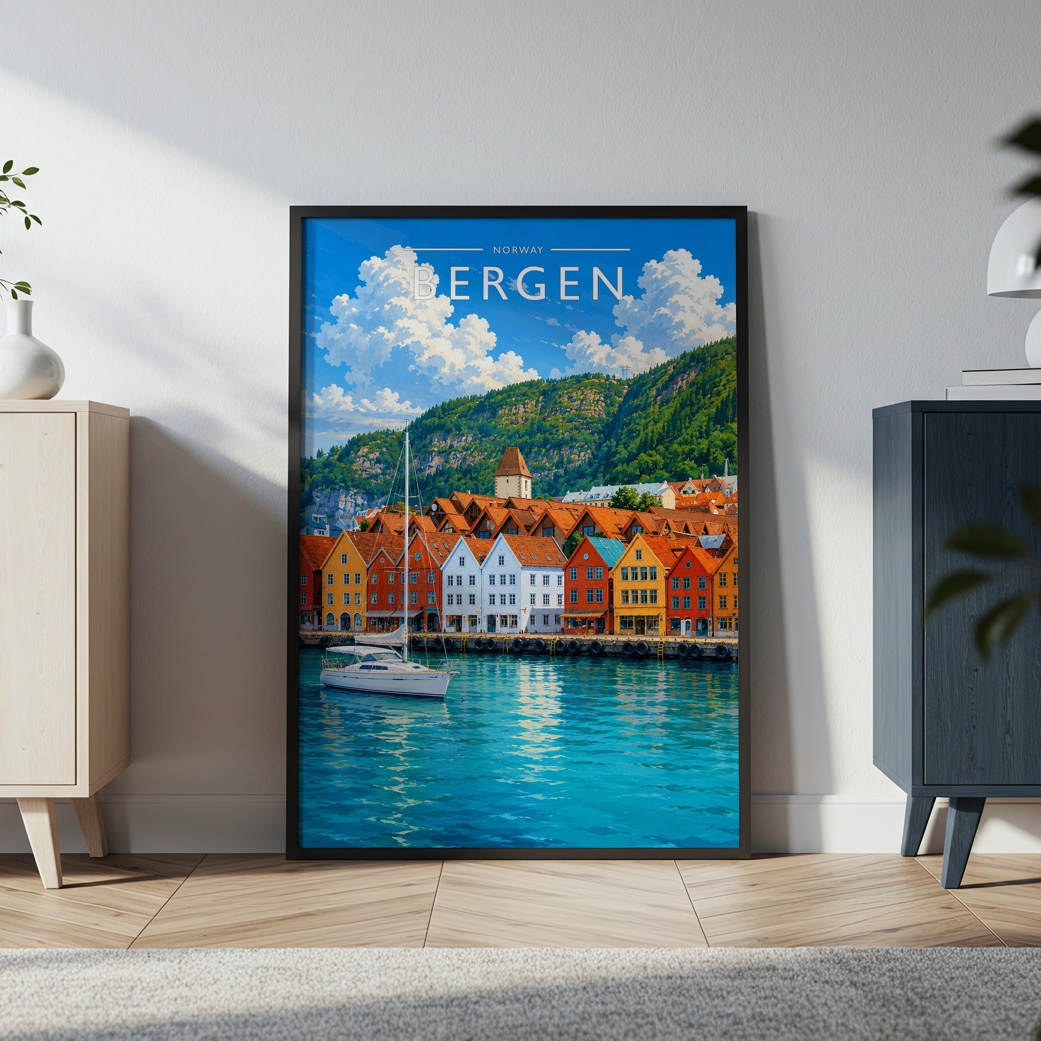Bergen Travel Poster in a black frame