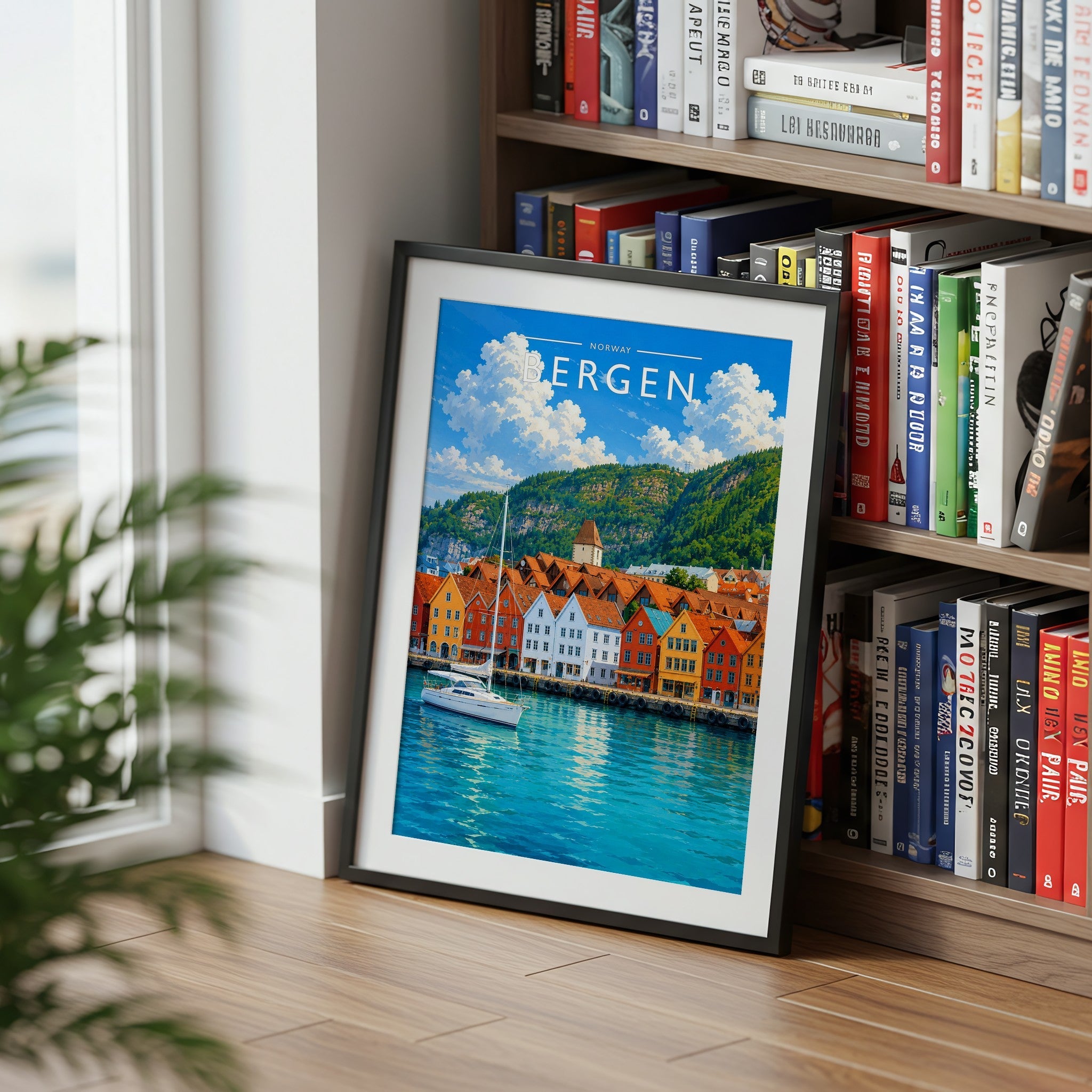 Bergen Travel Poster mounted in a black frame