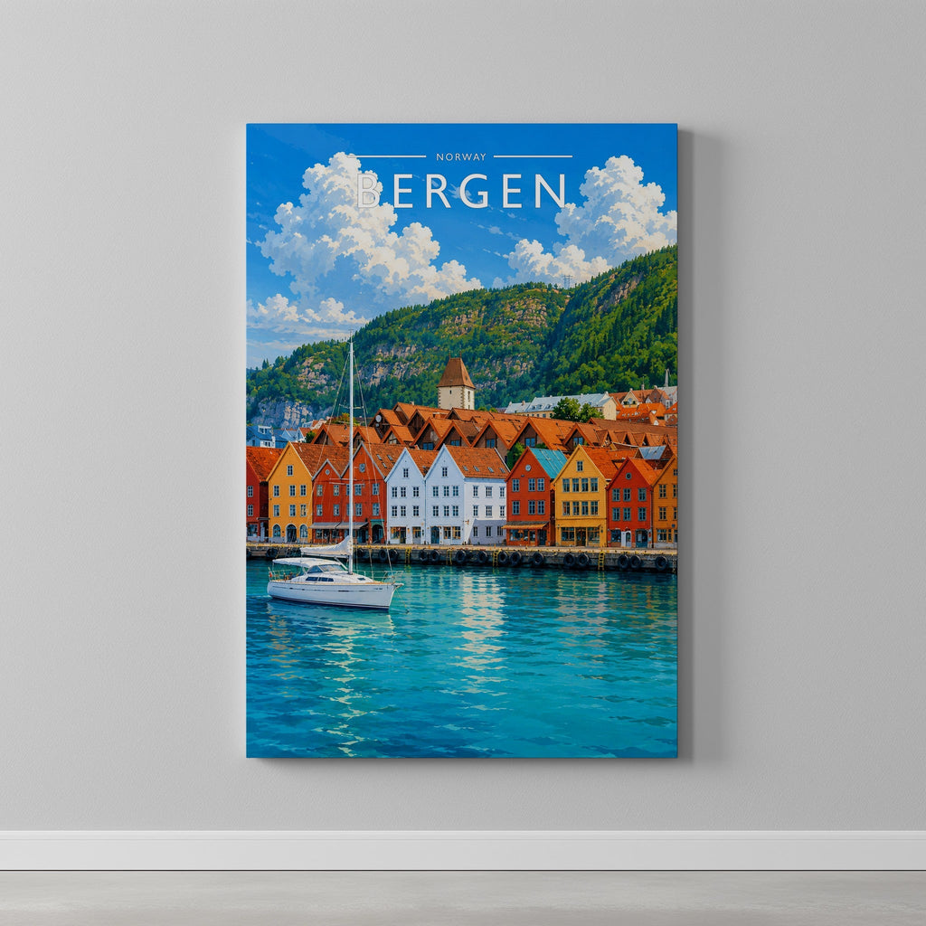 Bergen Travel Poster as a gallery-wrapped canvas on a plain wall