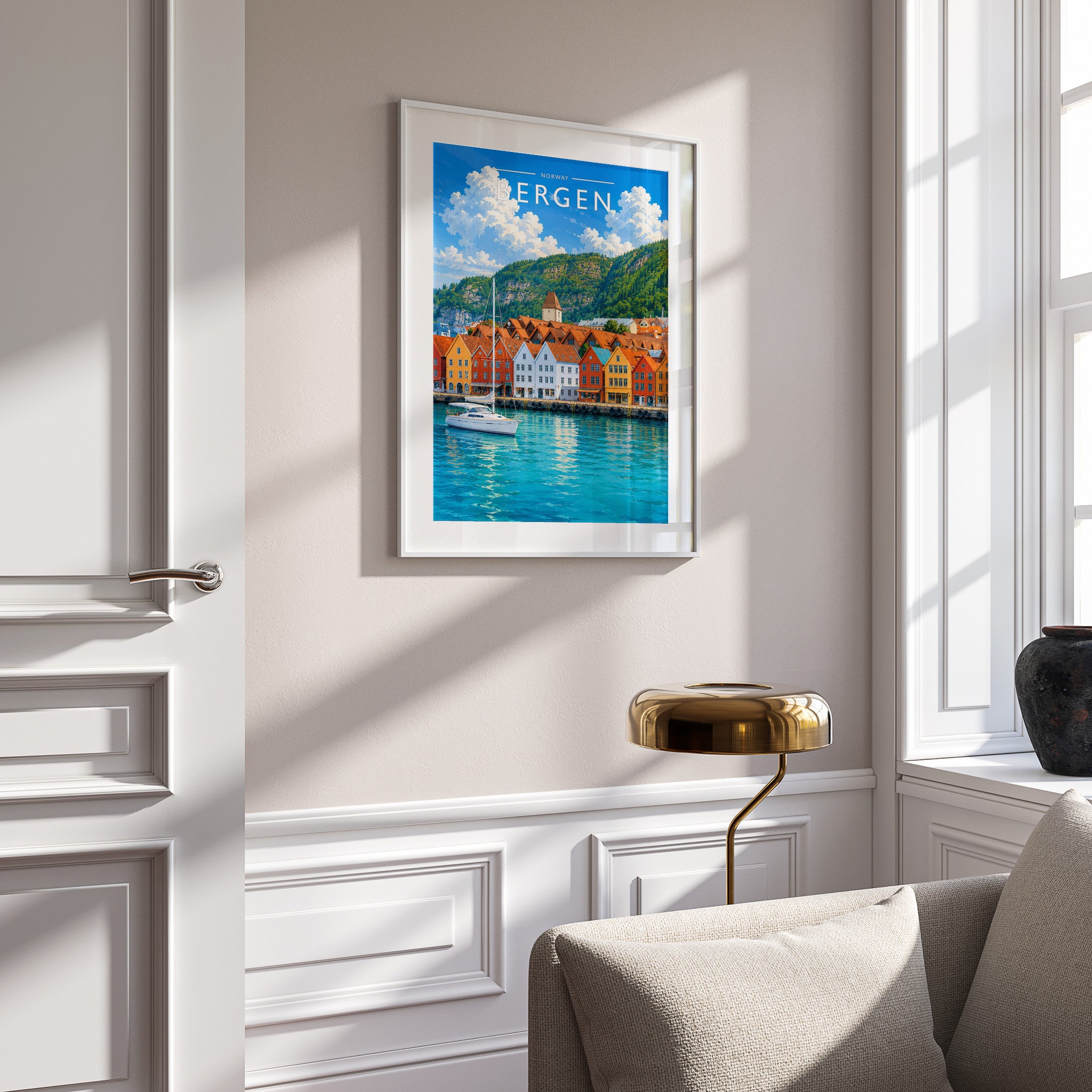 Bergen Travel Poster in a white frame on a panelled wall