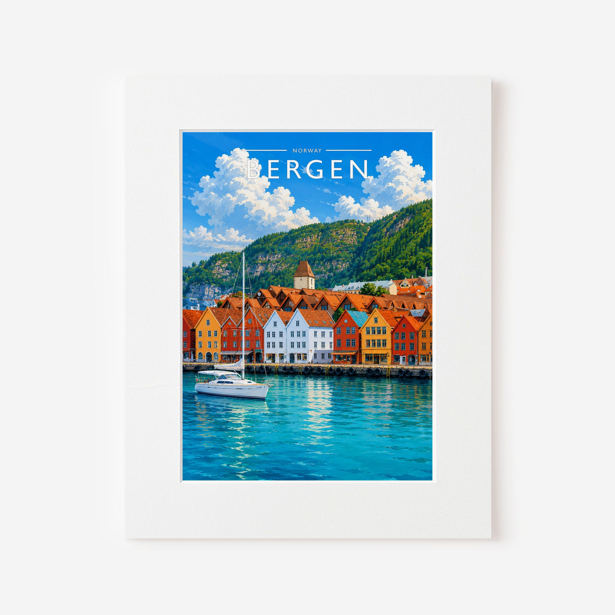 Bergen Travel Poster in a white mount