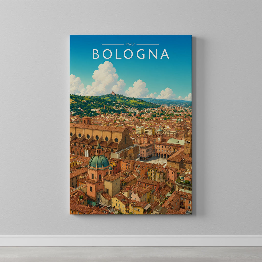 Bologna #2 Travel Poster as a gallery-wrapped canvas on a plain wall
