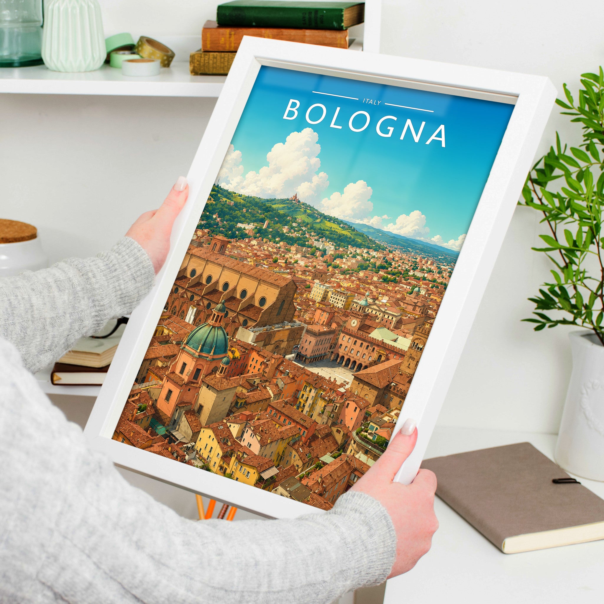 Bologna #2 Travel Poster in a white frame, held to show scale