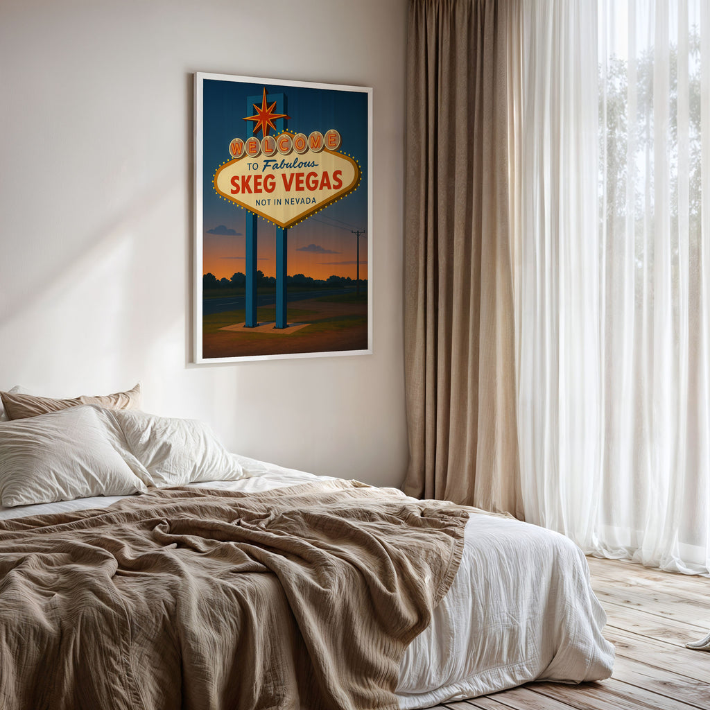 Skegness Travel Poster framed on a bedroom wall
