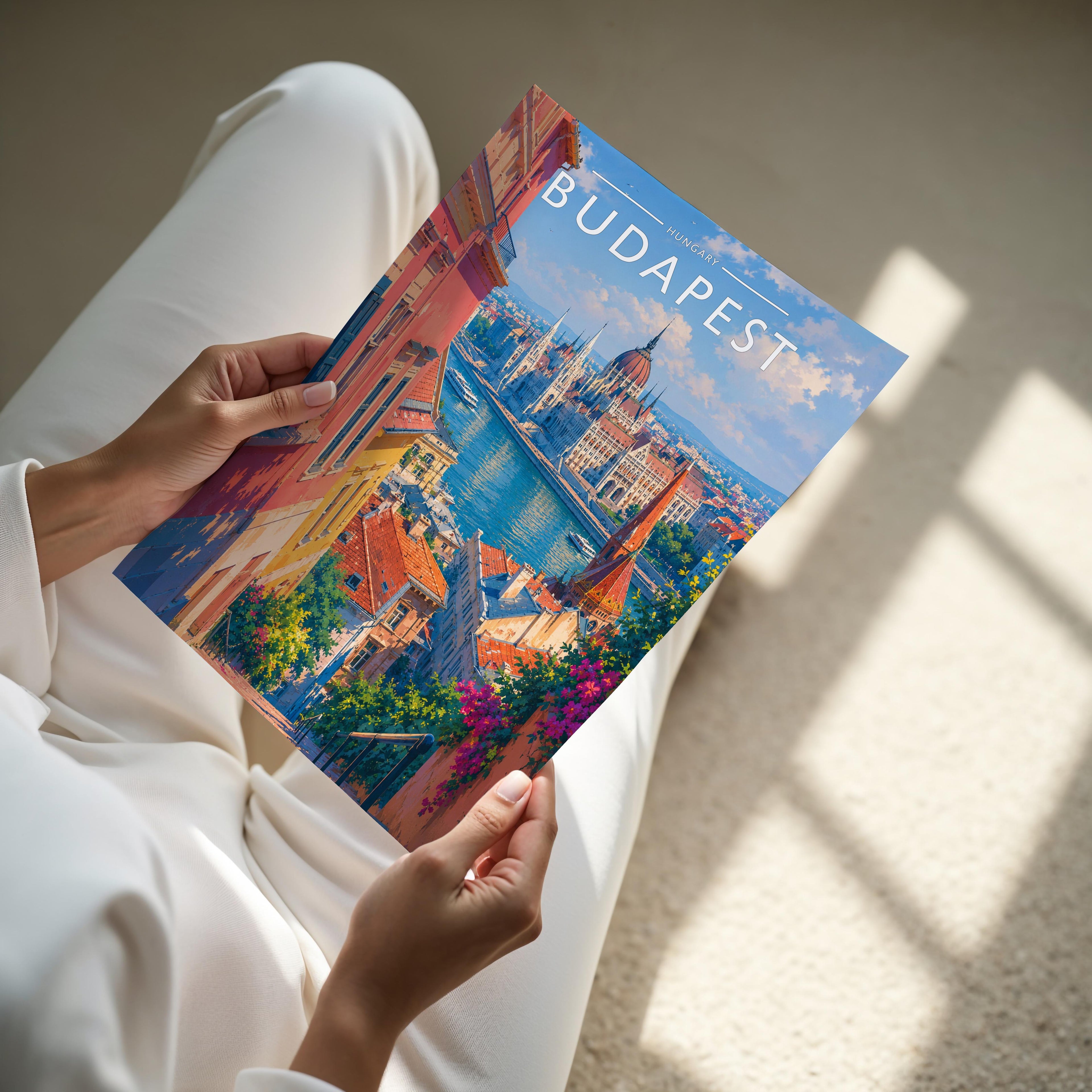 Budapest Travel Poster - A4 print held in hand