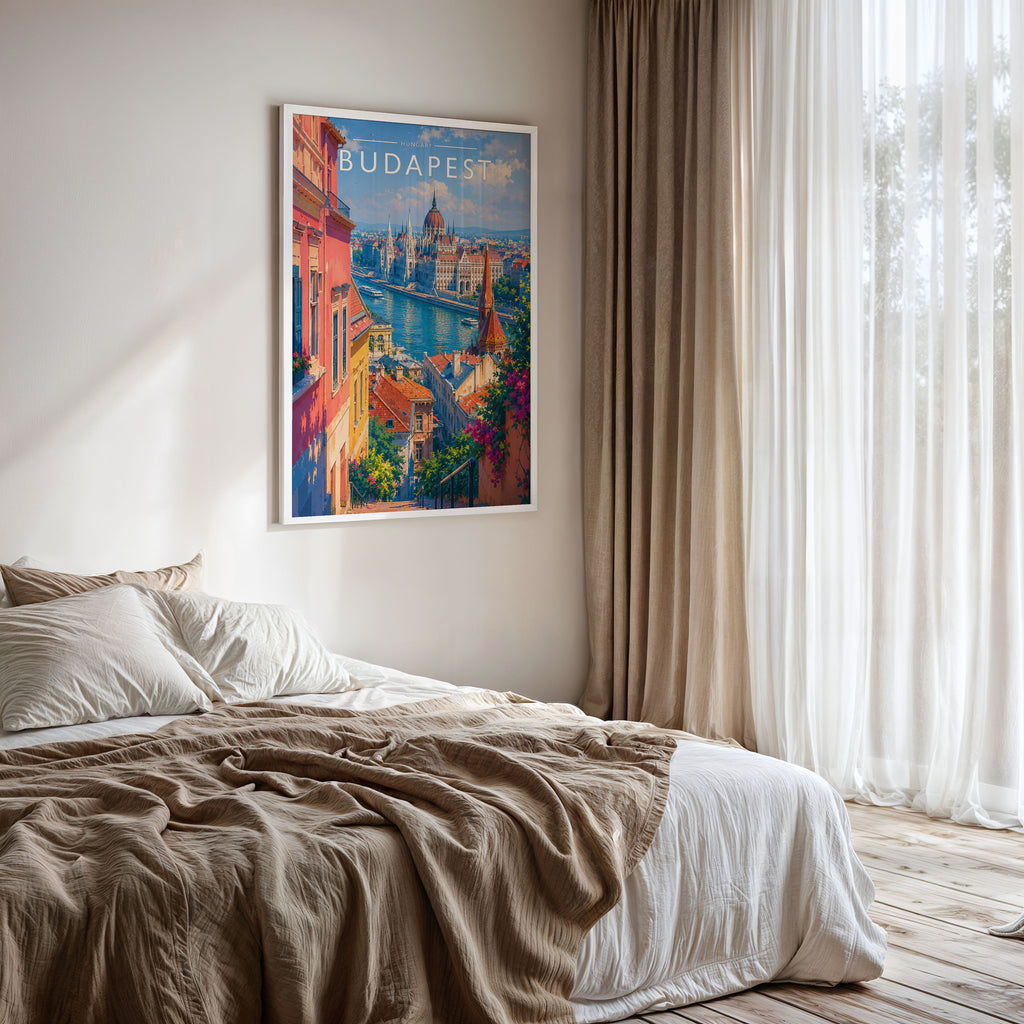 Budapest Travel Poster framed on a bedroom wall