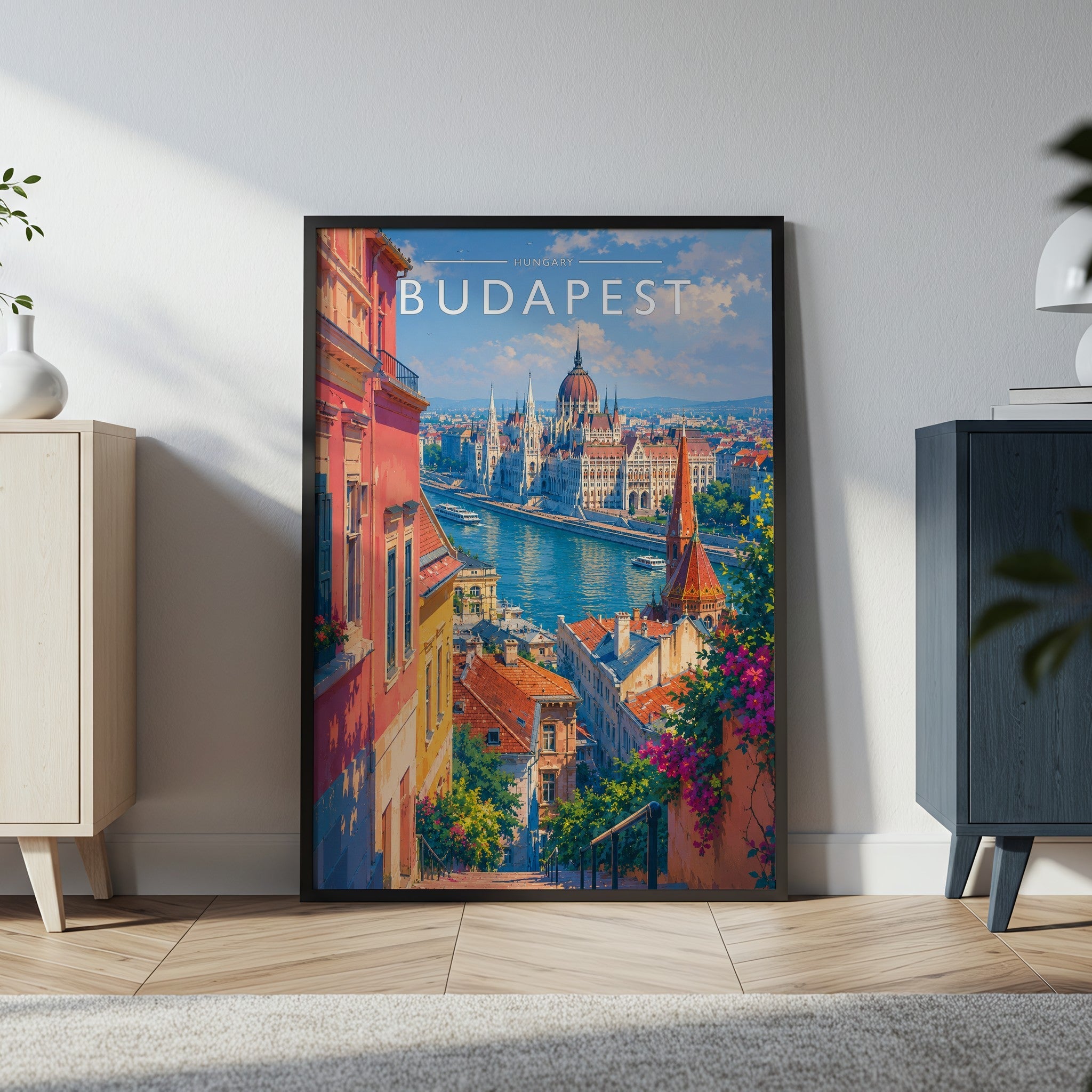 Budapest Travel Poster in a black frame