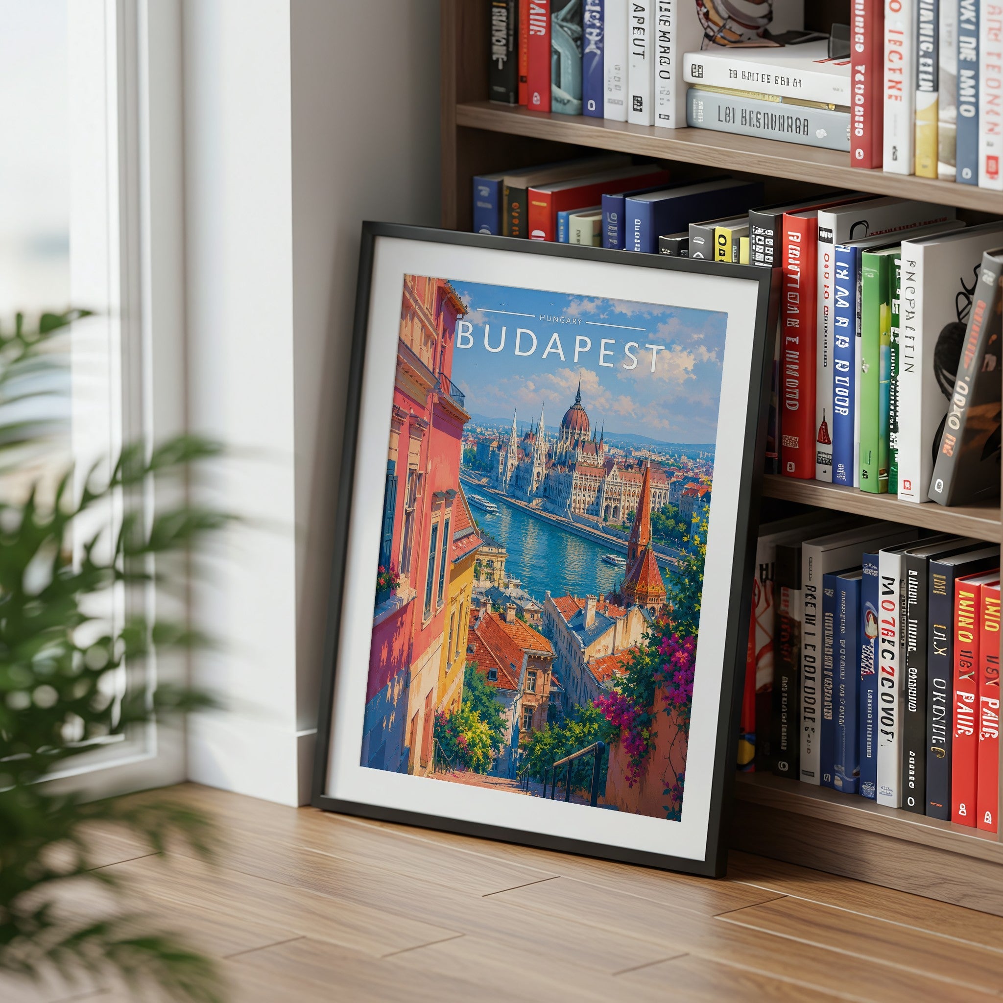 Budapest Travel Poster mounted in a black frame