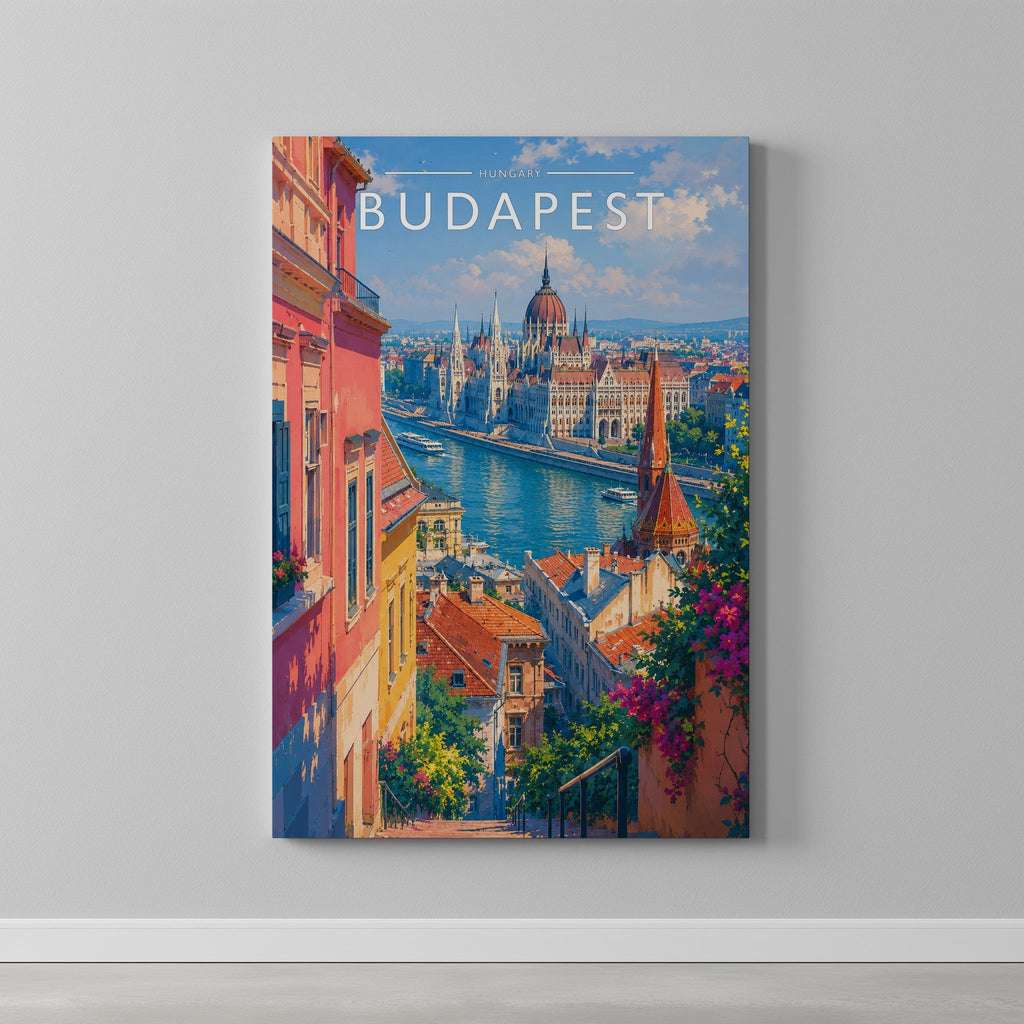 Budapest Travel Poster as a gallery-wrapped canvas on a plain wall