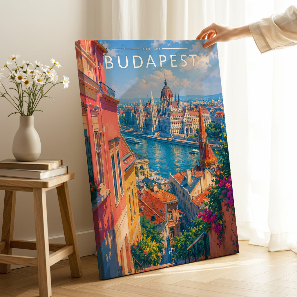 Budapest Travel Poster as a gallery-wrapped canvas
