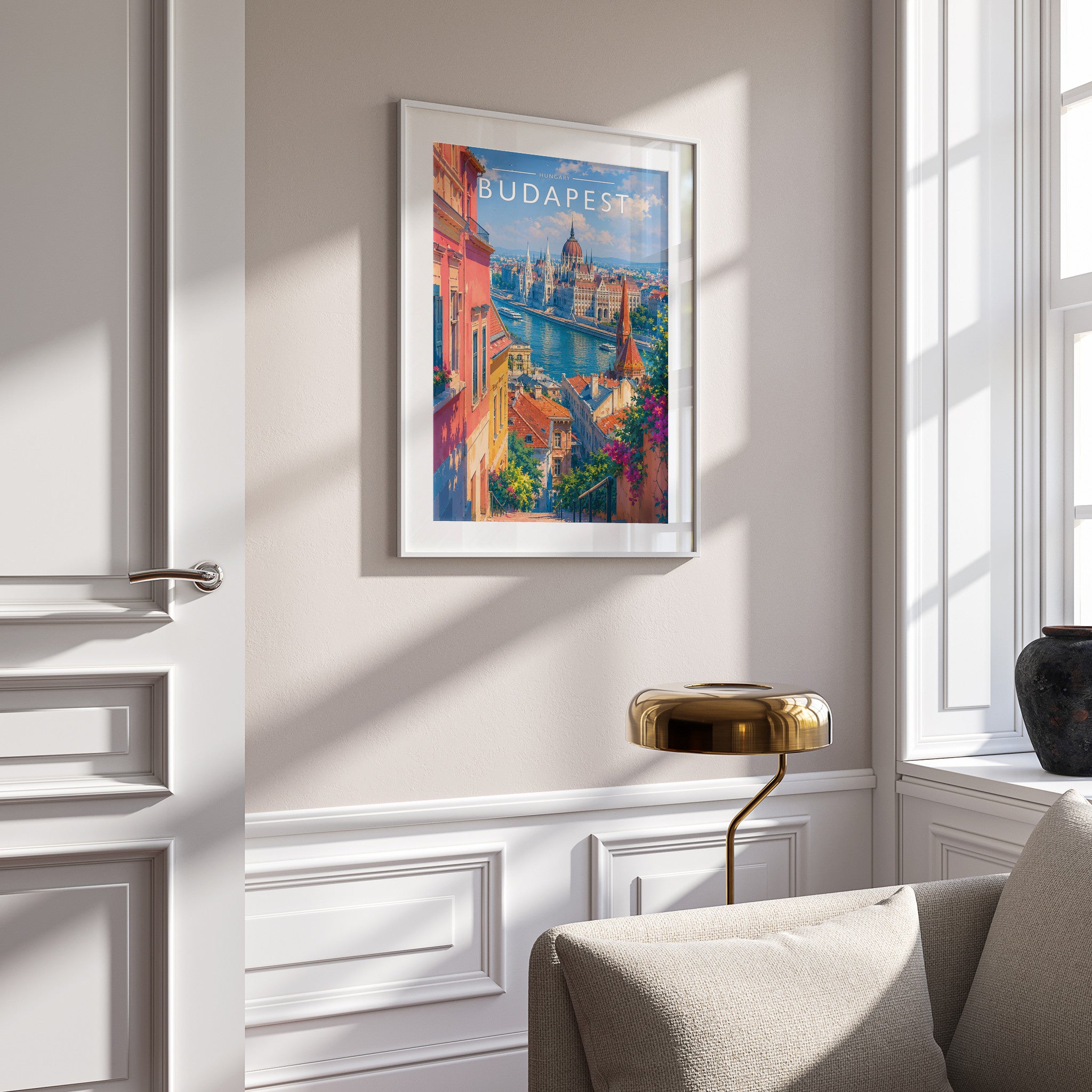 Budapest Travel Poster in a white frame on a panelled wall