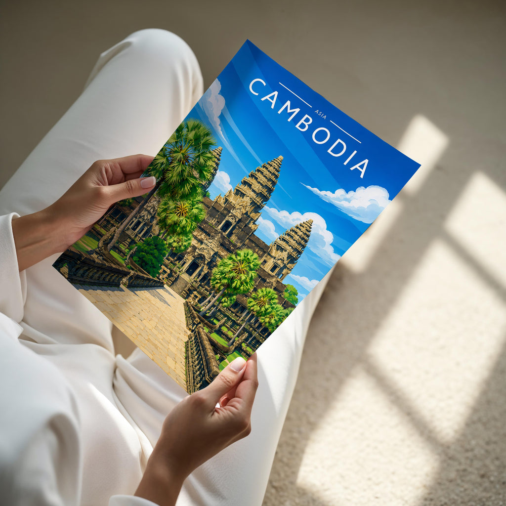 Cambodia Travel Poster - A4 print held in hand