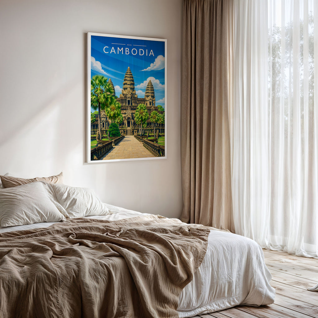 Cambodia Travel Poster framed on a bedroom wall