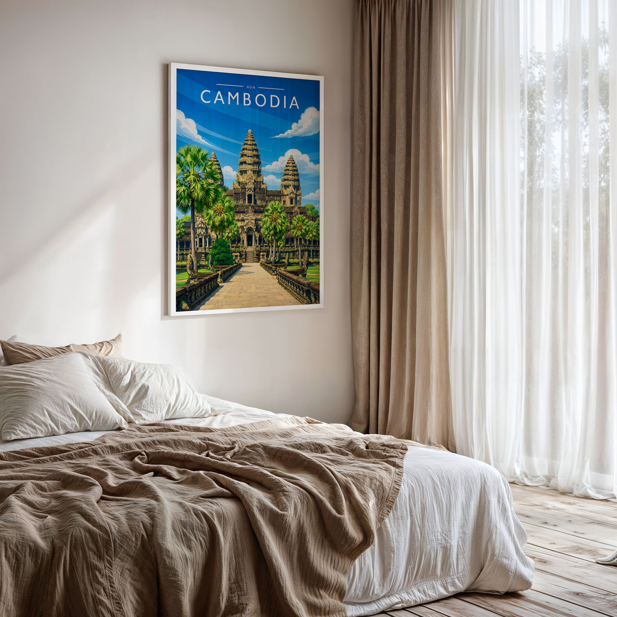 Cambodia Travel Poster framed on a bedroom wall