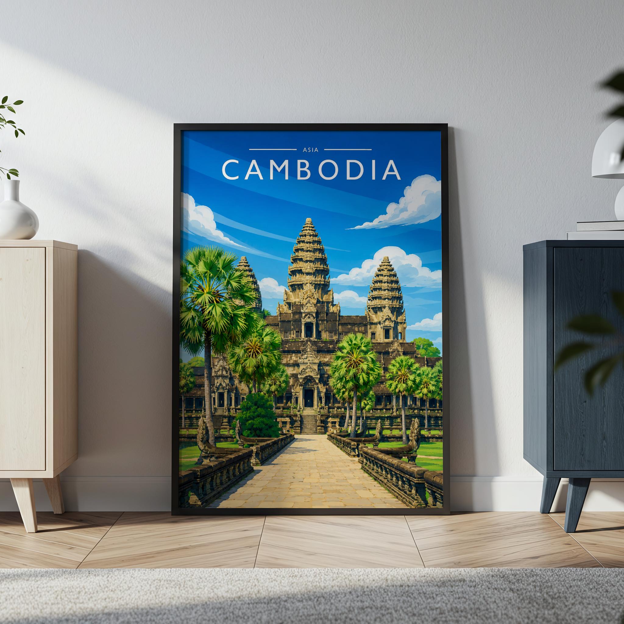 Cambodia Travel Poster in a black frame
