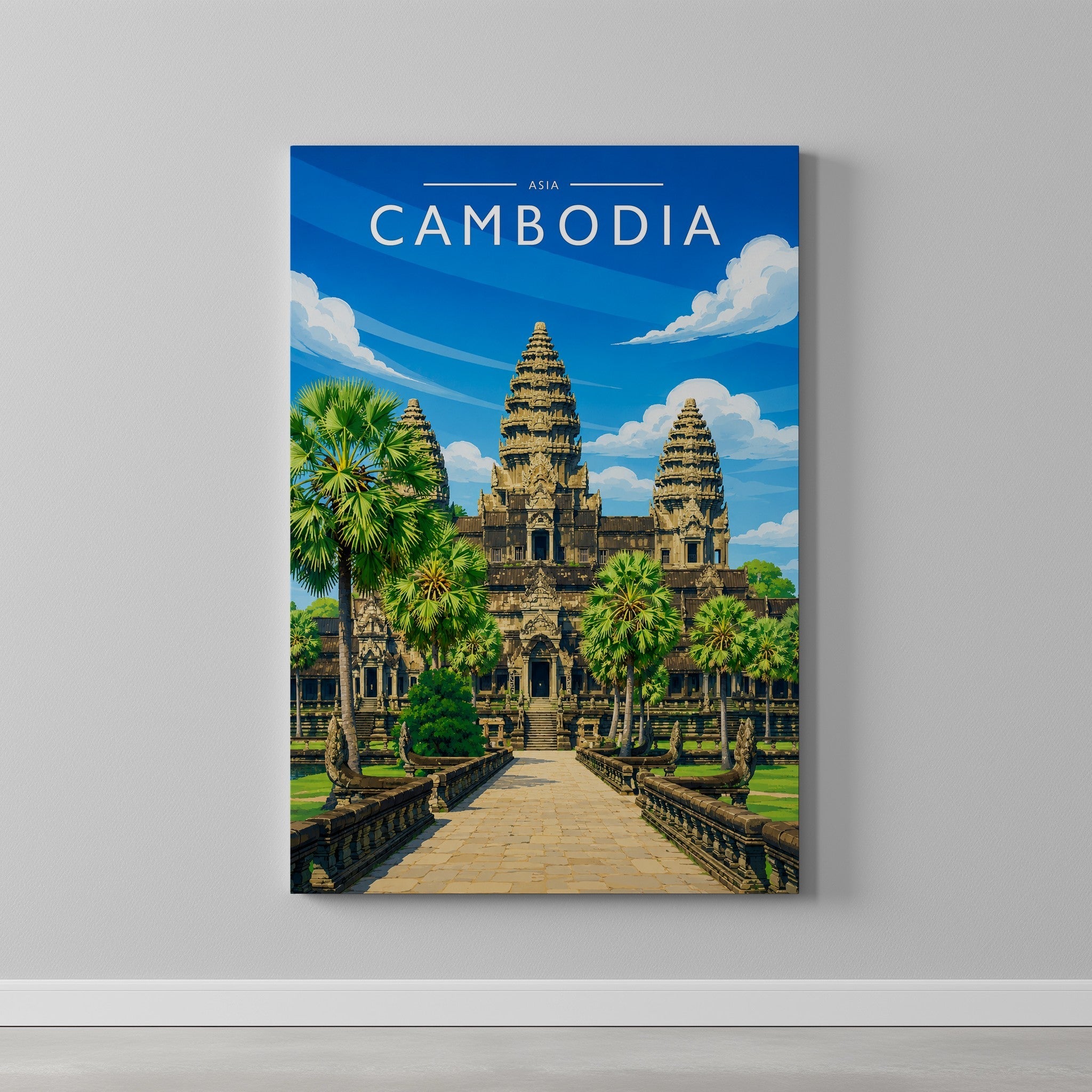 Cambodia Travel Poster as a gallery-wrapped canvas on a plain wall